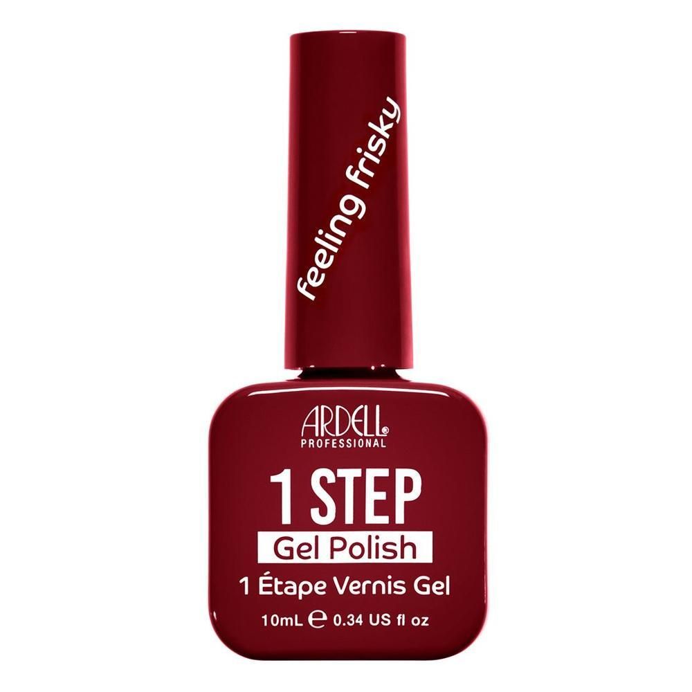 Ardell 1 Step Gel Polish Flasche in Dunkelrot. Text: 'feeling frisky', 'ARDELL PROFESSIONAL', '1 STEP Gel Polish'.