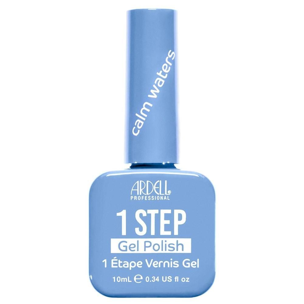 Hellblaue Gel-Nagellackflasche mit weißem Aufdruck '1 STEP Gel Polish' und 'calm waters'.