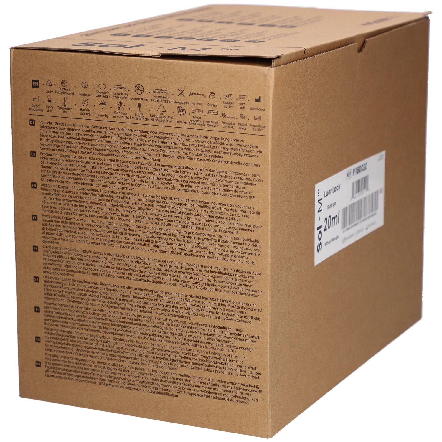 Karton mit Text und Symbolen. Beschriftung: Sol-M Luer Lock Spritze 20ml ohne Nadel. Rückseite mit Text.
