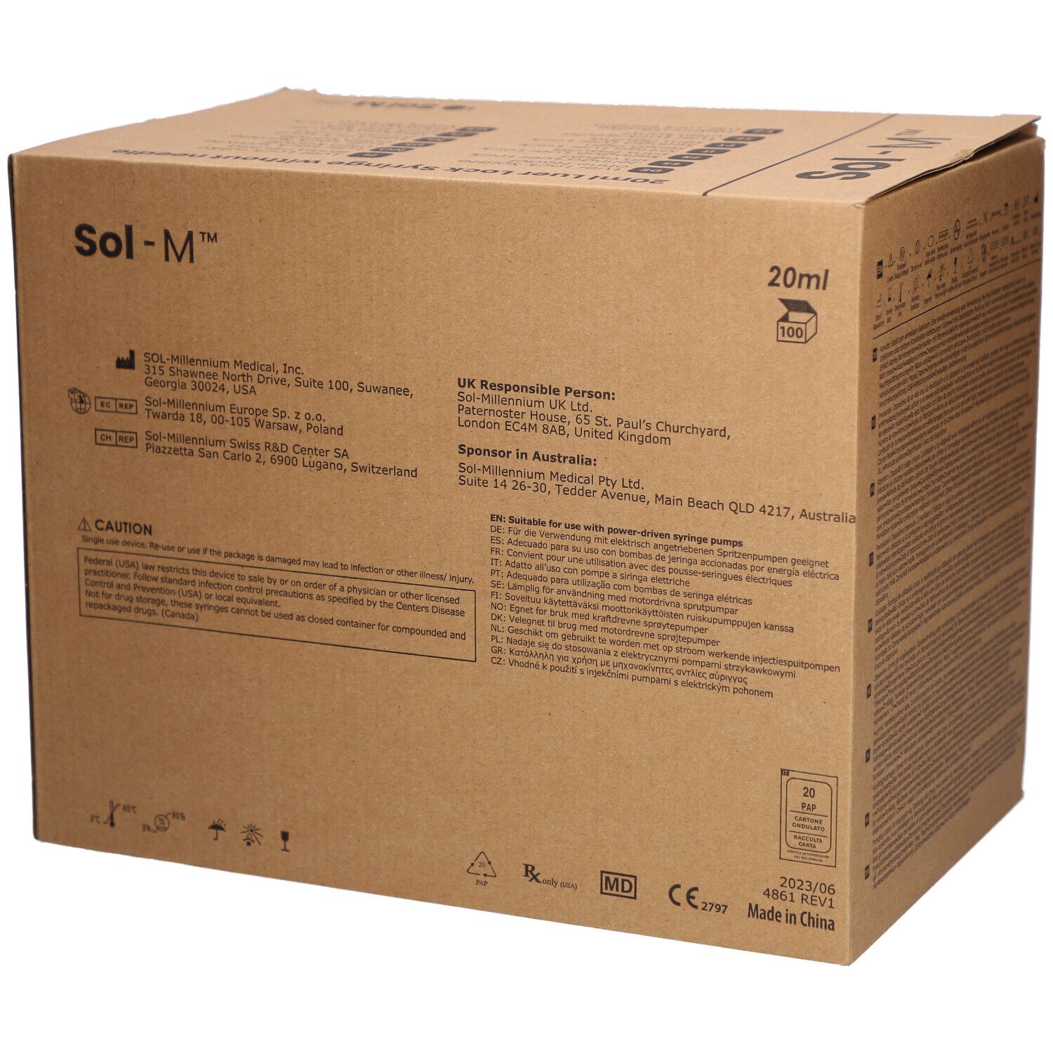 Karton mit Text und Logos. Beschriftung: Sol-M 20ml. Logos und Adressen. MD-Kennzeichnung und CE-Zeichen.