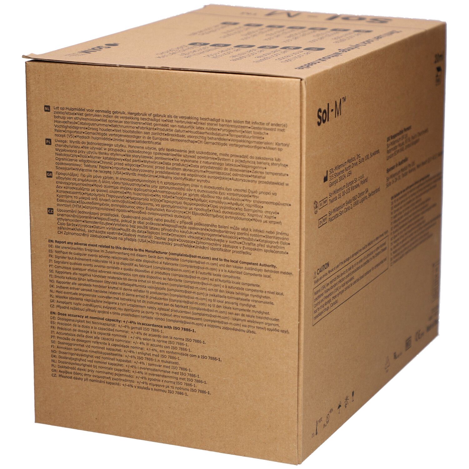 Karton mit Text. Beschriftung: Sol-M 20ml. Rückseite mit Text. MD-Kennzeichnung und CE-Zeichen.