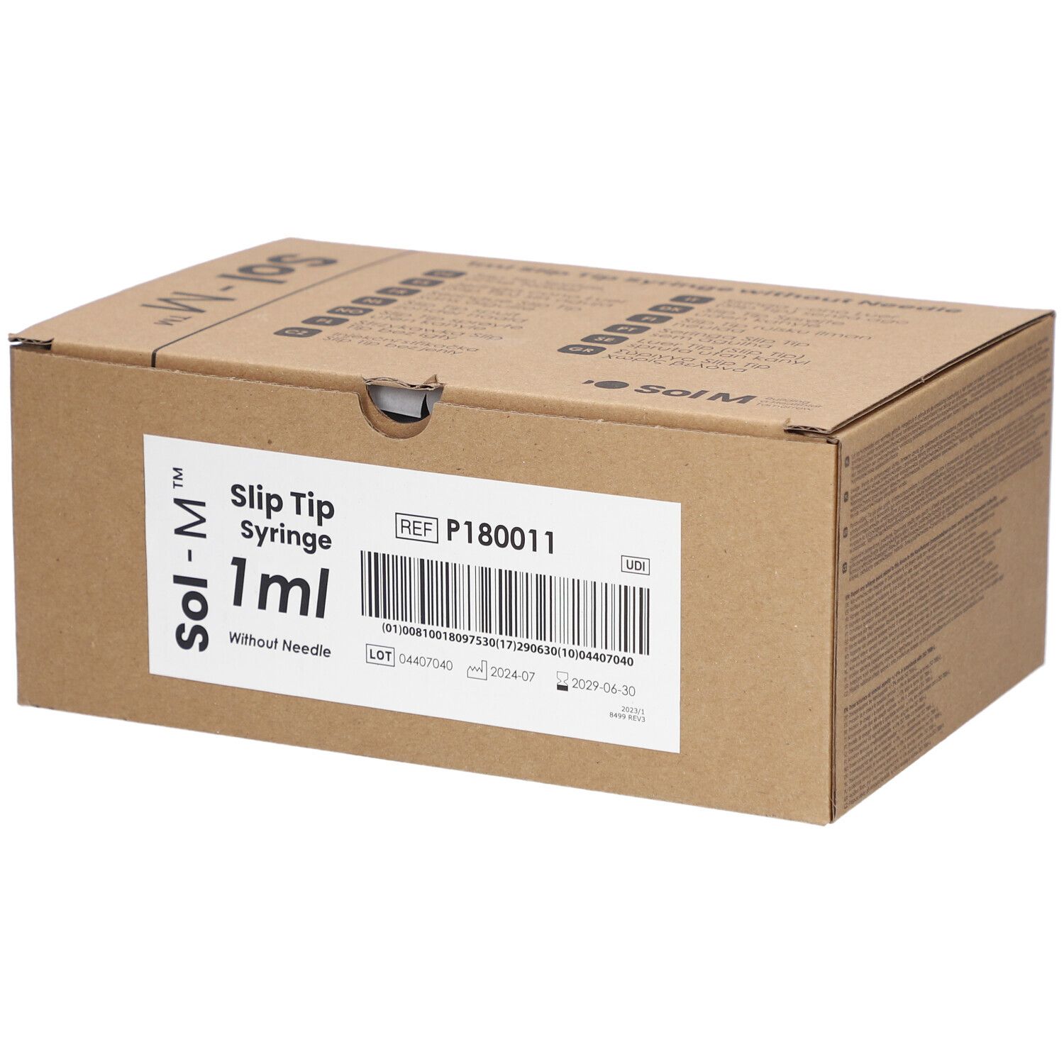 Kartonverpackung für Sol-M Spritzen. Aufschrift: Slip Tip Syringe 1ml ohne Nadel. Produktinformationen und Barcode.