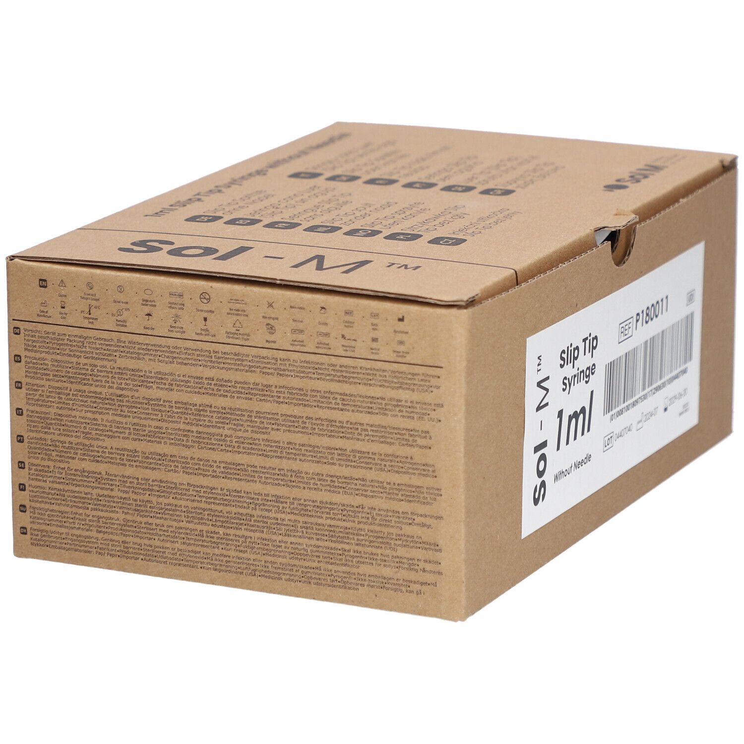 Kartonverpackung für Sol-M Spritzen. Seitenansicht mit Produktinformationen und Text. Brauner Karton.