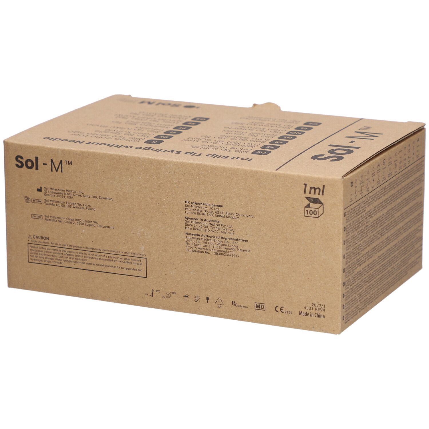 Kartonverpackung für Sol-M Spritzen. Aufschrift: Sol-M, 1ml, 100 Stück. Brauner Karton.