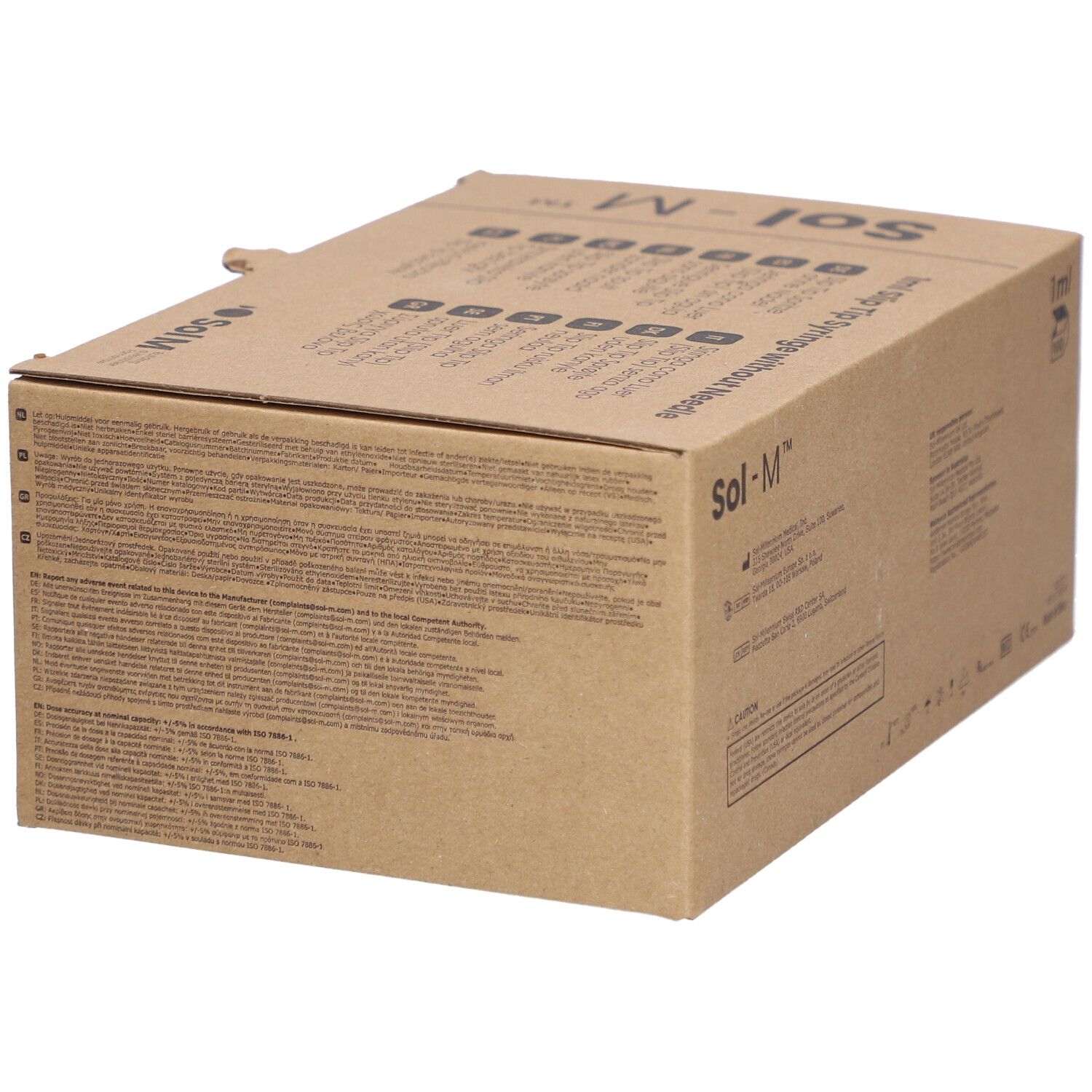 Kartonverpackung für Sol-M Spritzen. Seitenansicht mit Text und Produktinformationen. Brauner Karton.