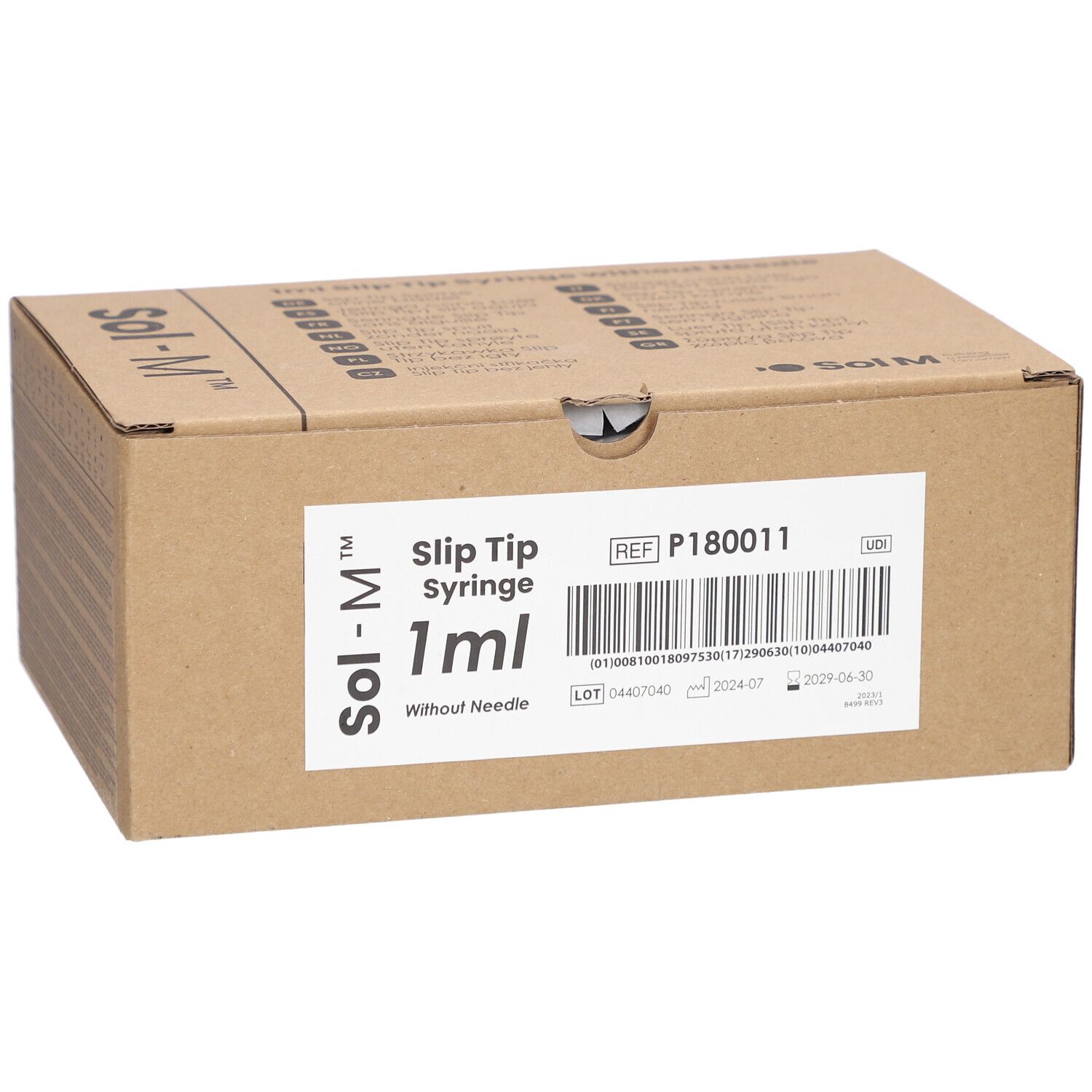 Kartonverpackung für Sol-M Spritzen. Aufschrift: Slip Tip Syringe 1ml ohne Nadel. Produktinformationen und Barcode.