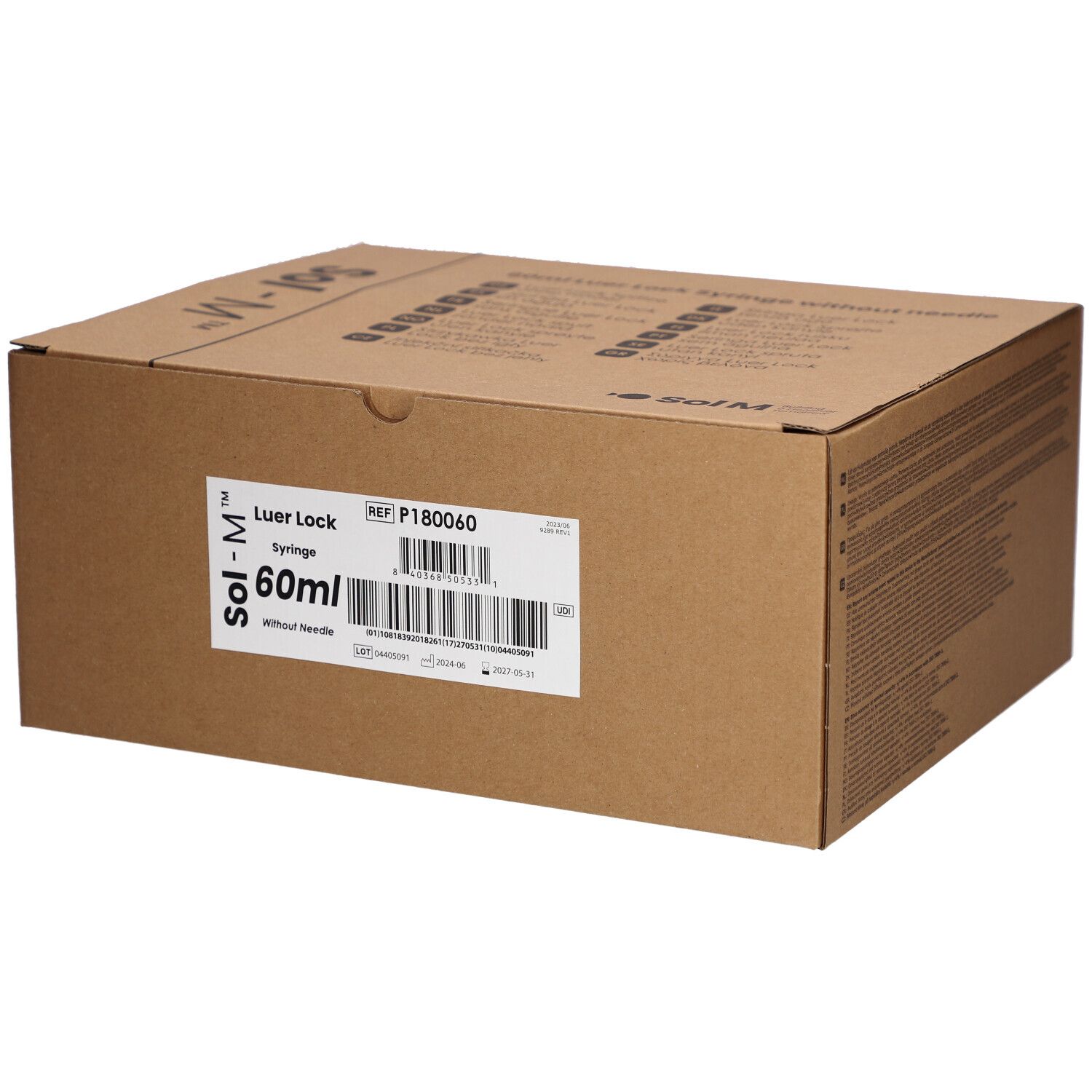 Kartonverpackung mit Produktinformationen. Aufschrift: Sol-M, Luer Lock, 60ml, ohne Nadel. Barcode und Referenznummer.