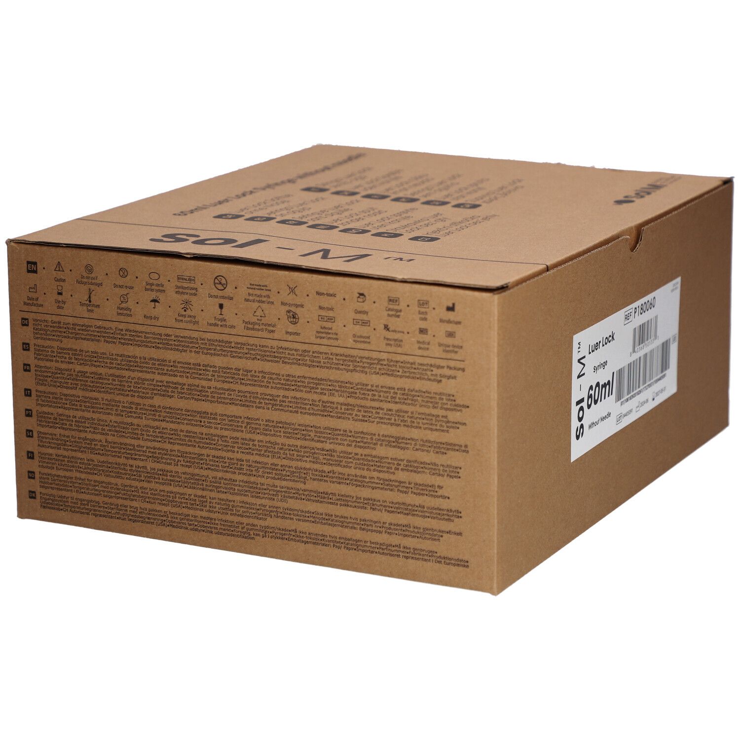 Kartonverpackung mit Text und Symbolen. Aufschrift: Sol-M. Rückseite mit Text in mehreren Sprachen.