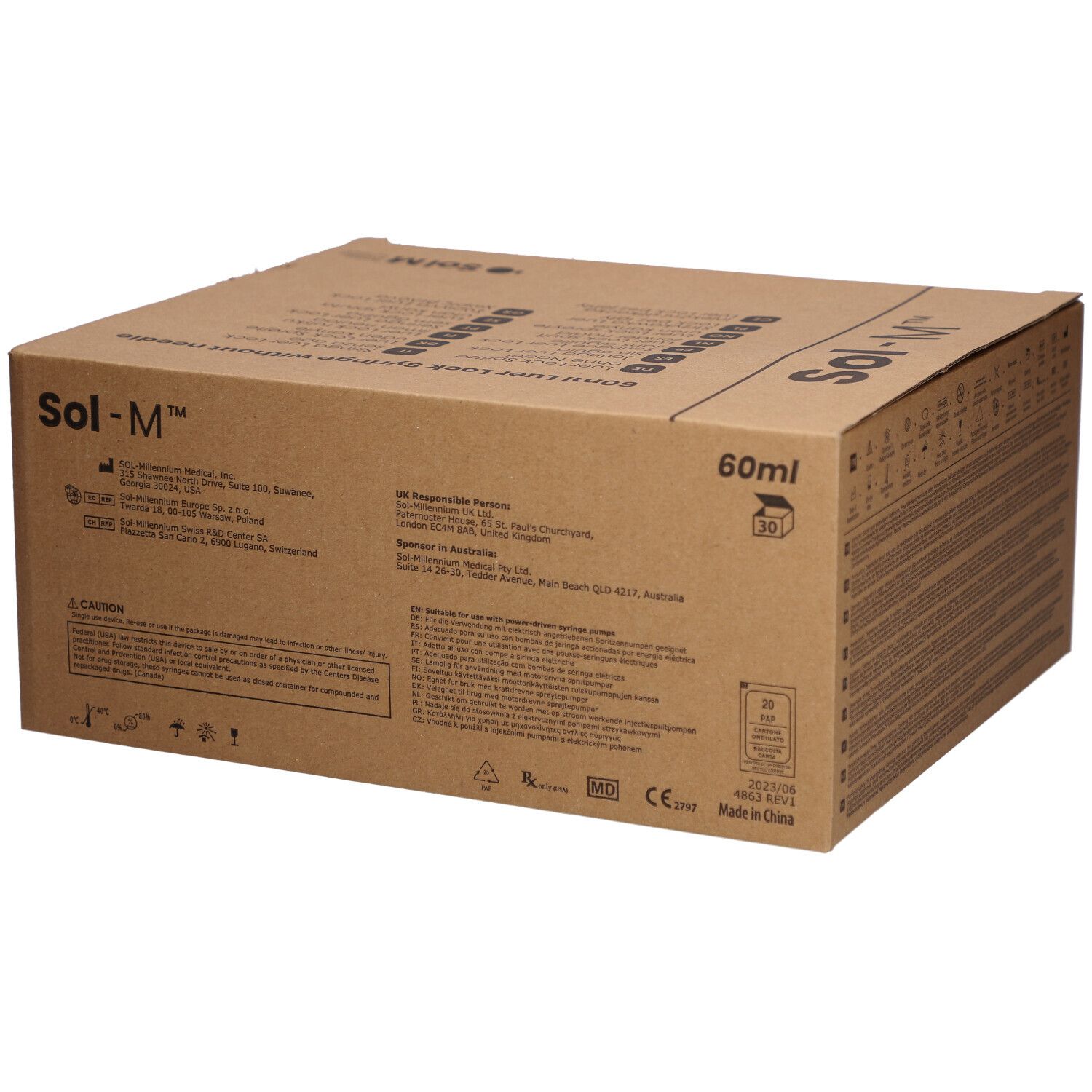 Kartonverpackung mit Text und Symbolen. Aufschrift: Sol-M, 60ml. Rückseite mit Text und Zertifizierungen.