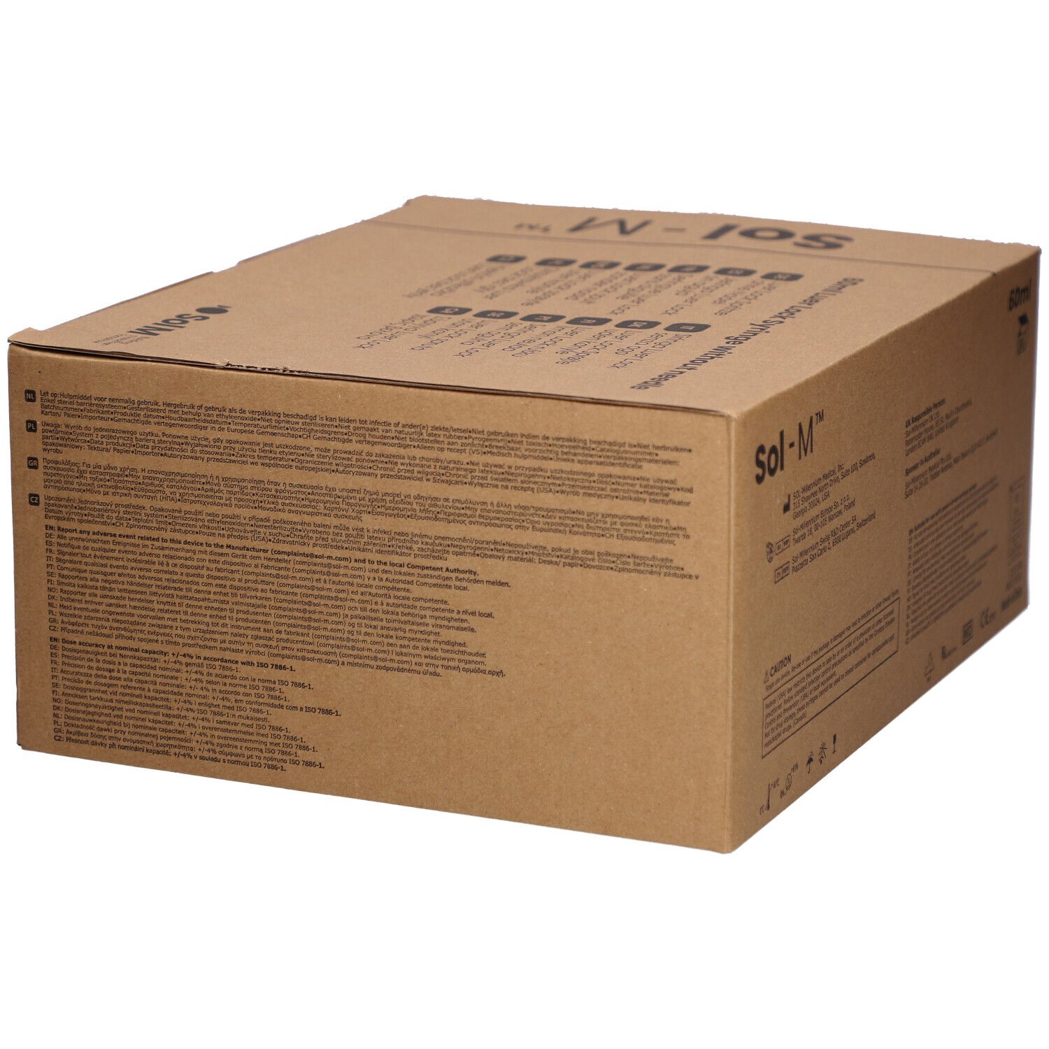 Kartonverpackung mit Text und Symbolen. Aufschrift: Sol-M. Rückseite mit Text in mehreren Sprachen.