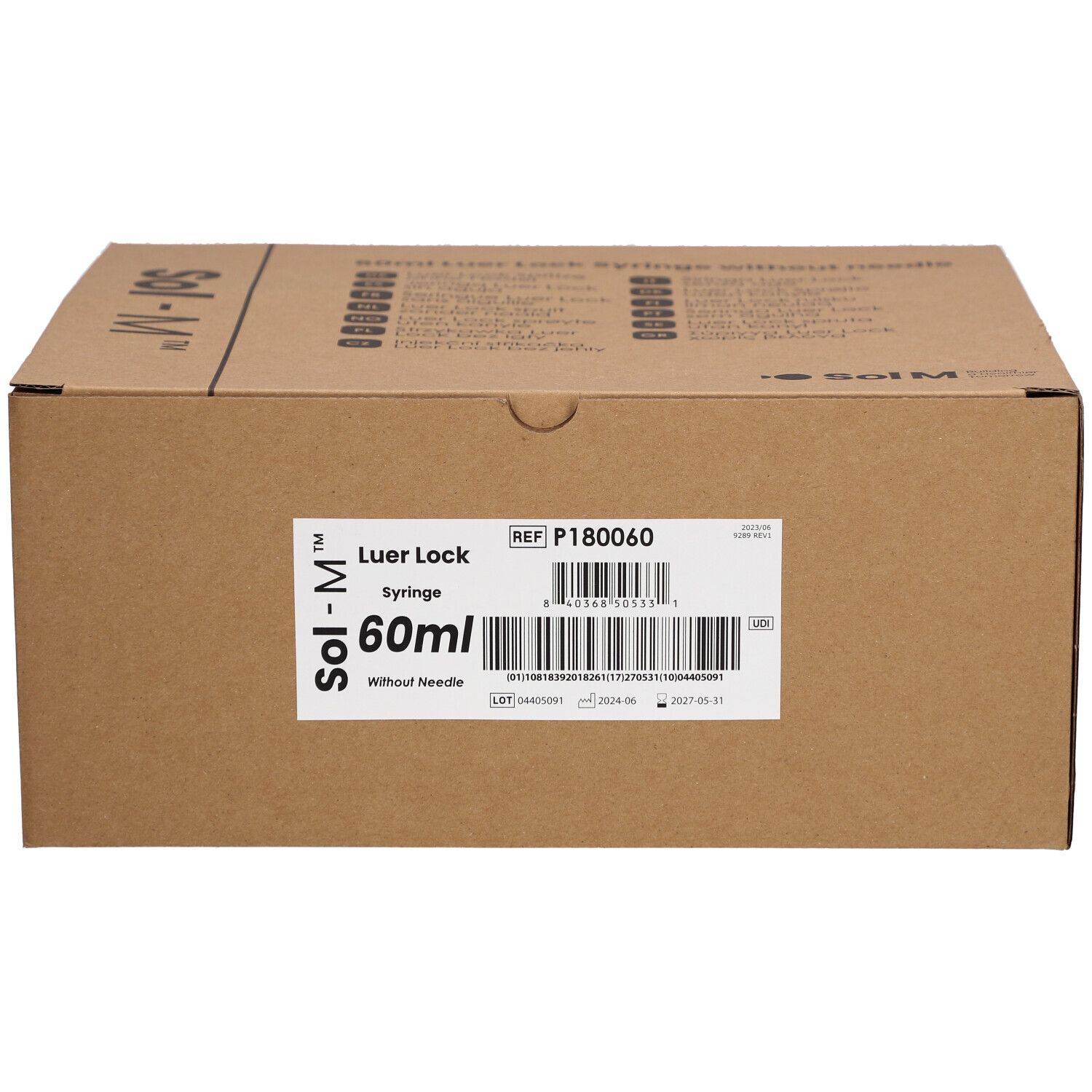 Kartonverpackung mit Produktinformationen. Aufschrift: Sol-M, Luer Lock, 60ml, ohne Nadel. Barcode und Referenznummer.