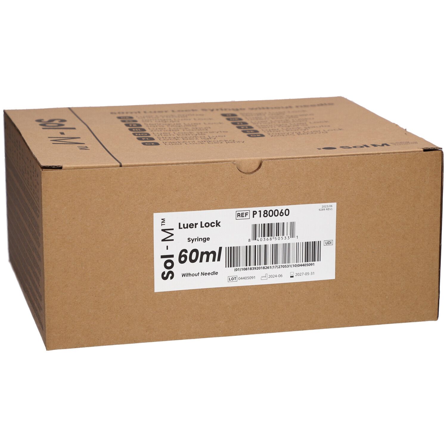 Kartonverpackung mit Produktinformationen. Aufschrift: Sol-M, Luer Lock, 60ml, ohne Nadel. Barcode und Referenznummer.