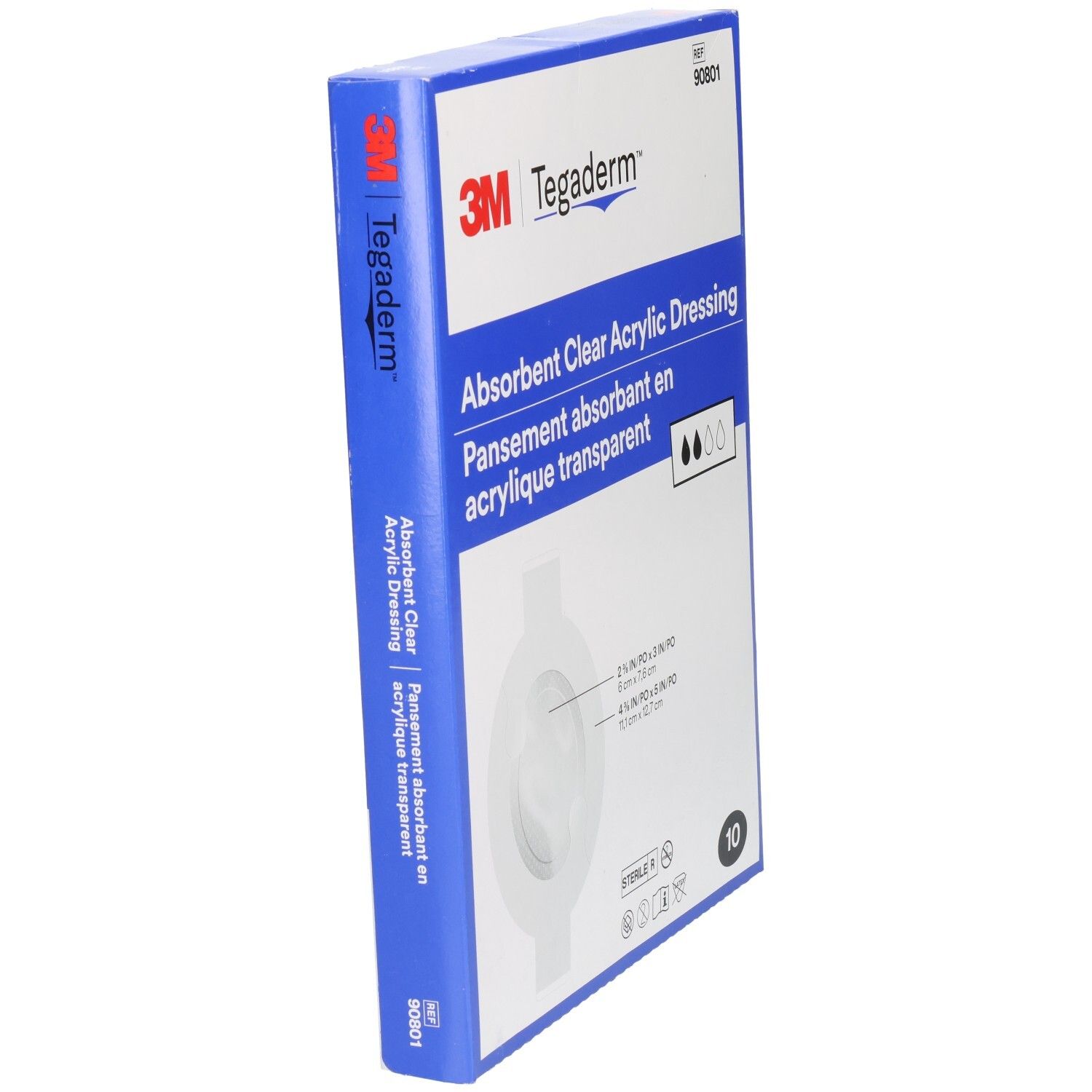 Schräg gestellte Verpackung mit 3M Tegaderm Wundverband. Aufschrift: Absorbent Clear Acrylic Dressing. Enthält 10 Stück.