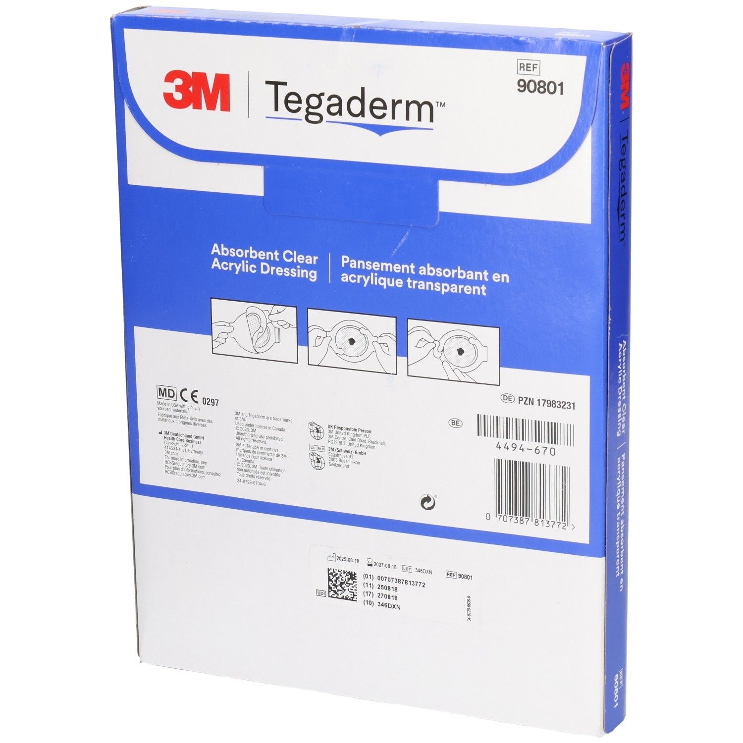 Rückseite der Verpackung mit 3M Tegaderm Wundverband. Aufschrift: Absorbent Clear Acrylic Dressing. Mit Produktinformationen.