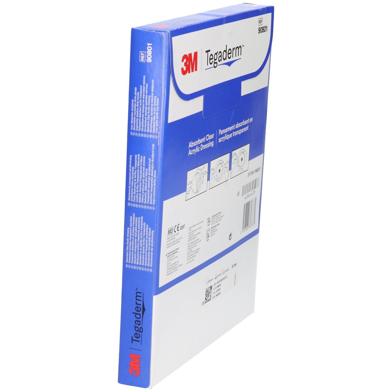 Schräg gestellte Rückseite der Verpackung mit 3M Tegaderm Wundverband. Aufschrift: Absorbent Clear Acrylic Dressing. Mit Produktinformationen.