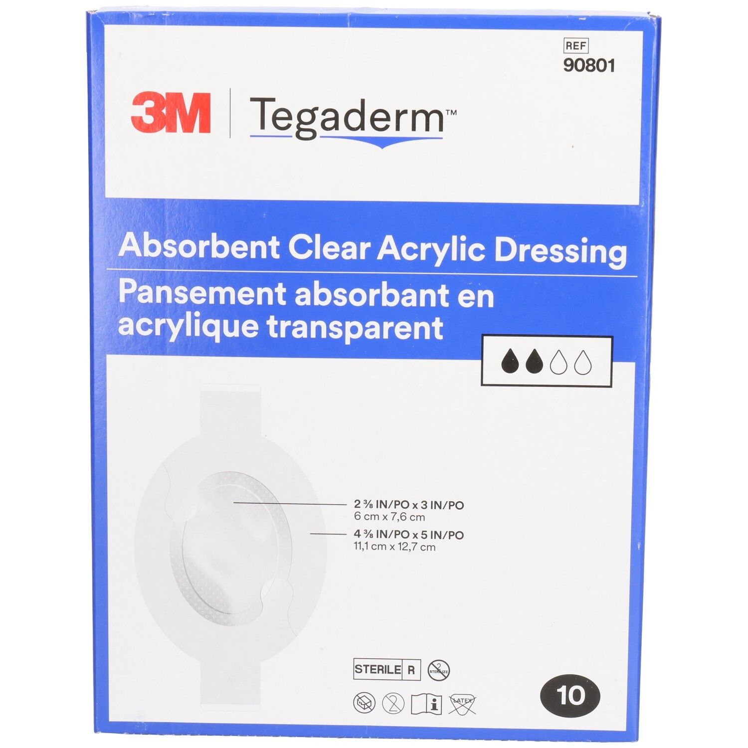 Verpackung mit 3M Tegaderm Wundverband. Aufschrift: Absorbent Clear Acrylic Dressing. Größenangaben sind sichtbar. Enthält 10 Stück.