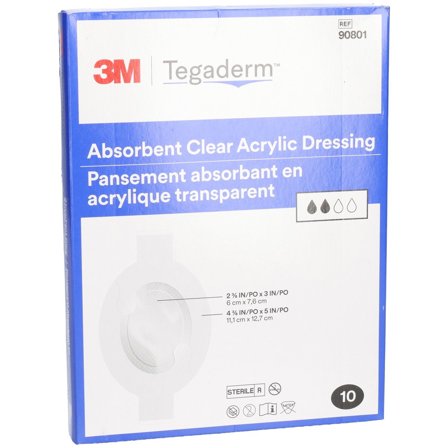 Verpackung mit 3M Tegaderm Wundverband. Aufschrift: Absorbent Clear Acrylic Dressing. Größenangaben sind sichtbar. Enthält 10 Stück.