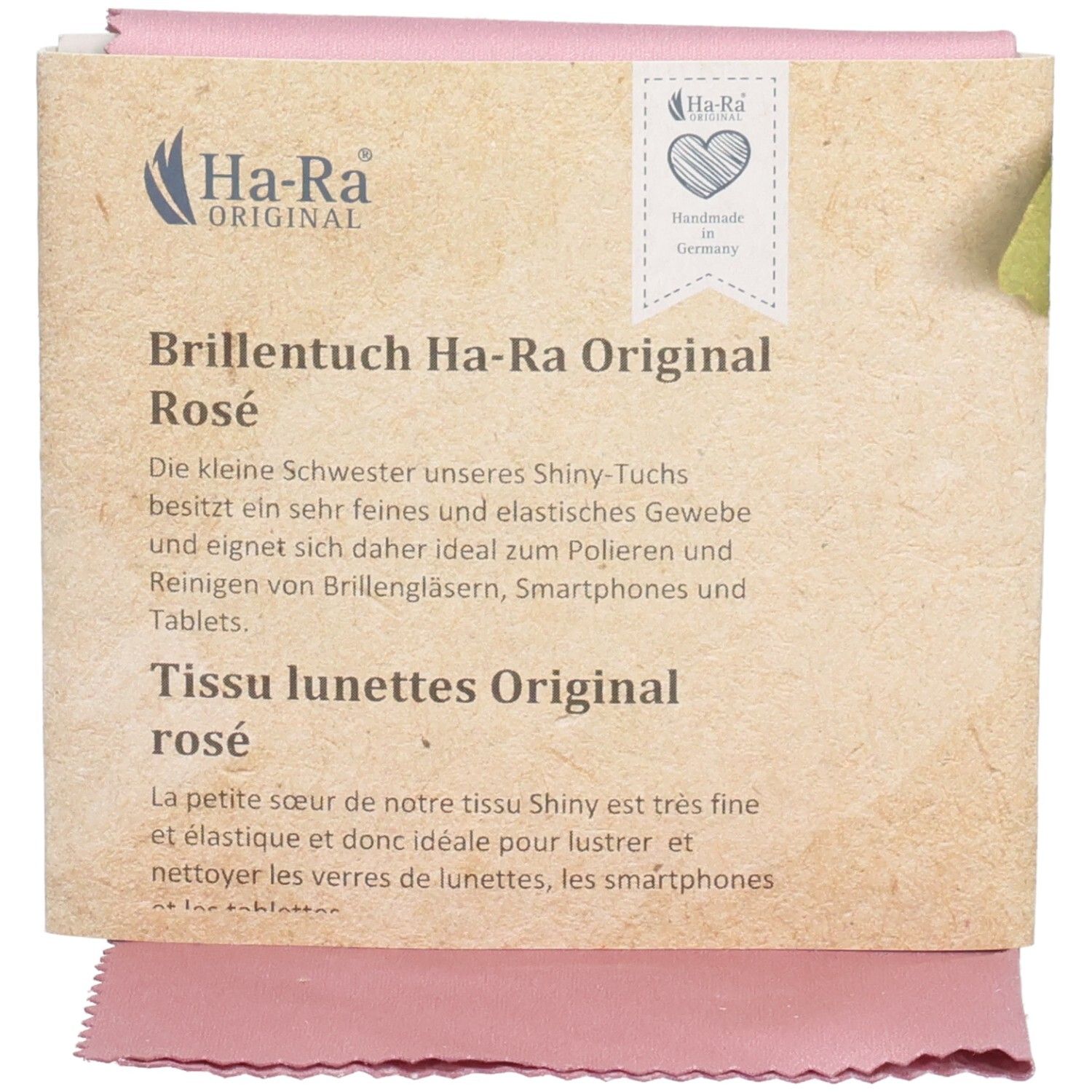 Rosa Brillenputztuch mit Verpackung. Aufschrift: Ha-Ra Original. Handmade in Germany. Text auf Deutsch und Französisch.