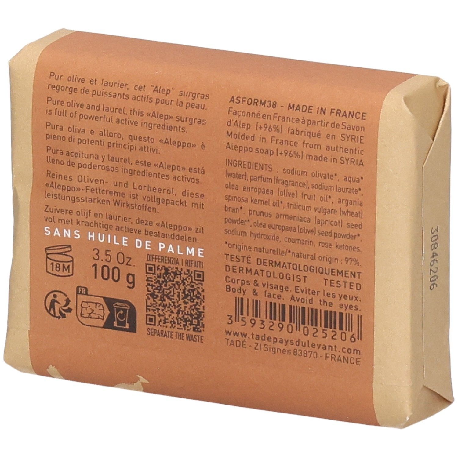 Rückseite einer 100g Aleppo Peeling-Seife mit Arganöl, Bio. Enthält Inhaltsstoffe.