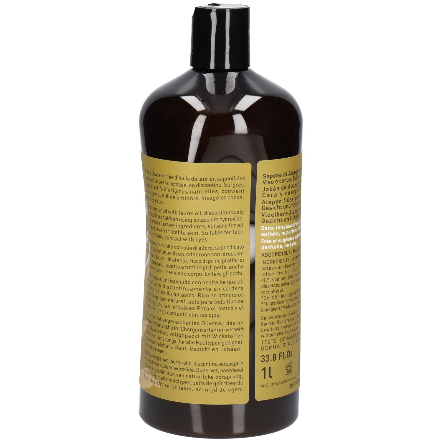 Rückseite einer dunklen Flasche Flüssigseife mit mehrsprachigen Produktinformationen und Inhaltsstoffen.