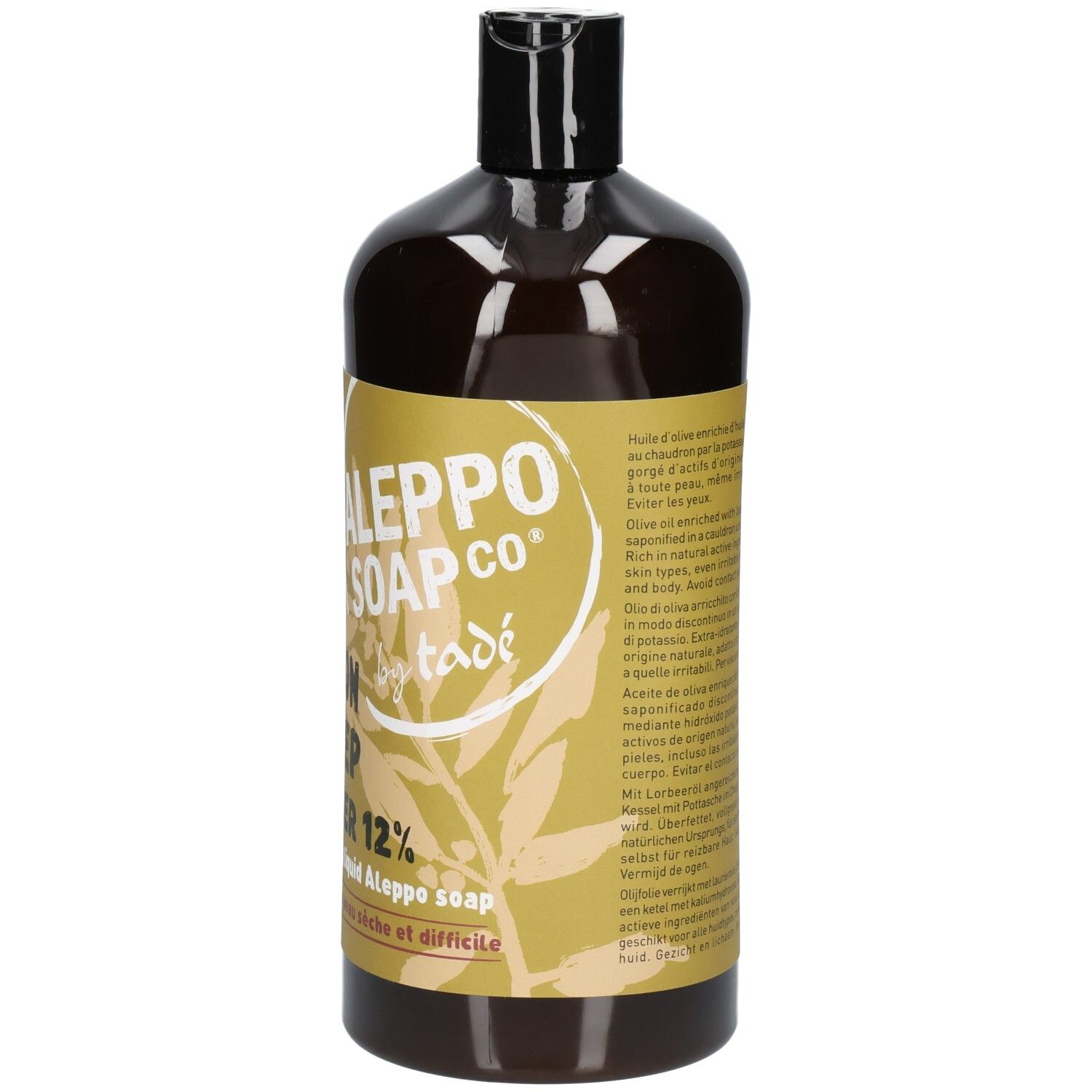 Flüssigseife in dunkler Flasche. Etikett zeigt "Aleppo Soap Co. by tadé" und Lorbeerblätter.