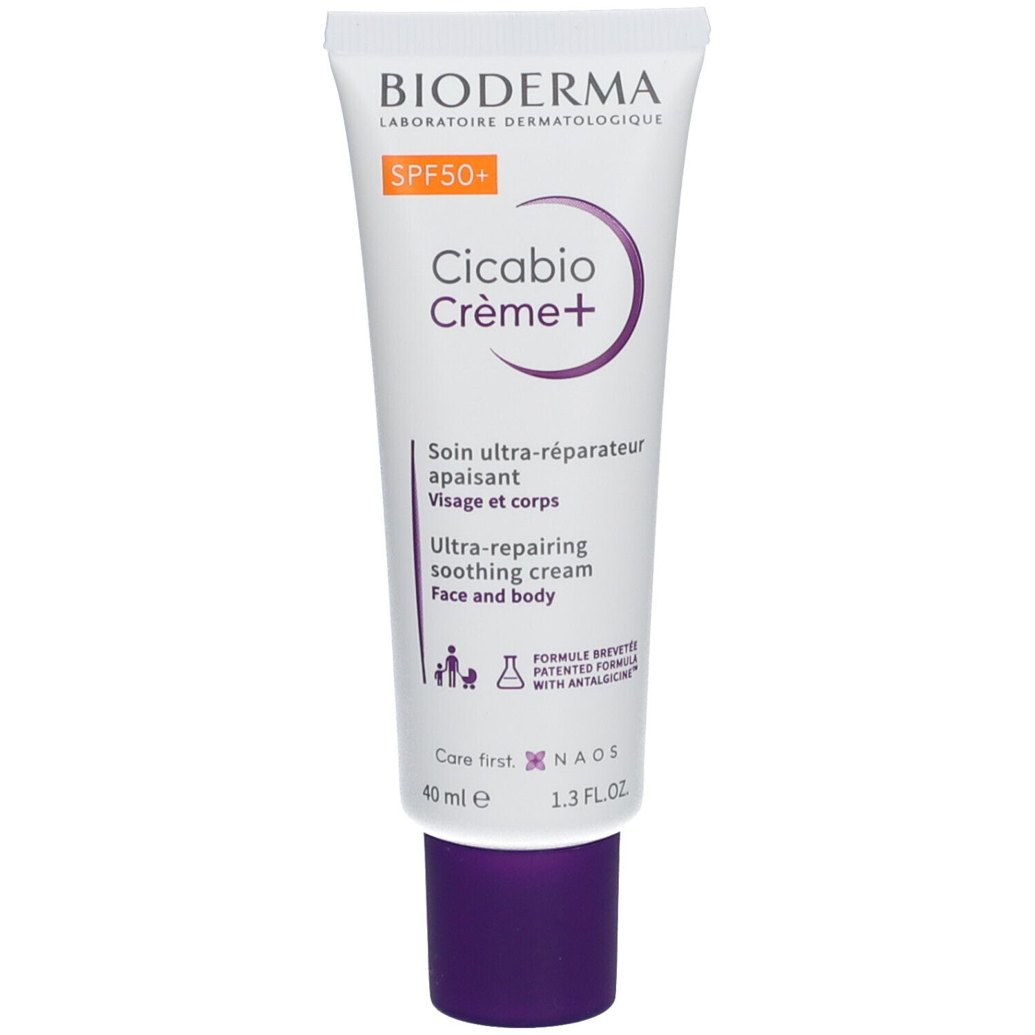 Weiße Tube mit lila Akzenten. Aufschrift: Bioderma, Cicabio Crème+ SPF50+. Text: Ultra-reparierende Pflege, Visage et corps.