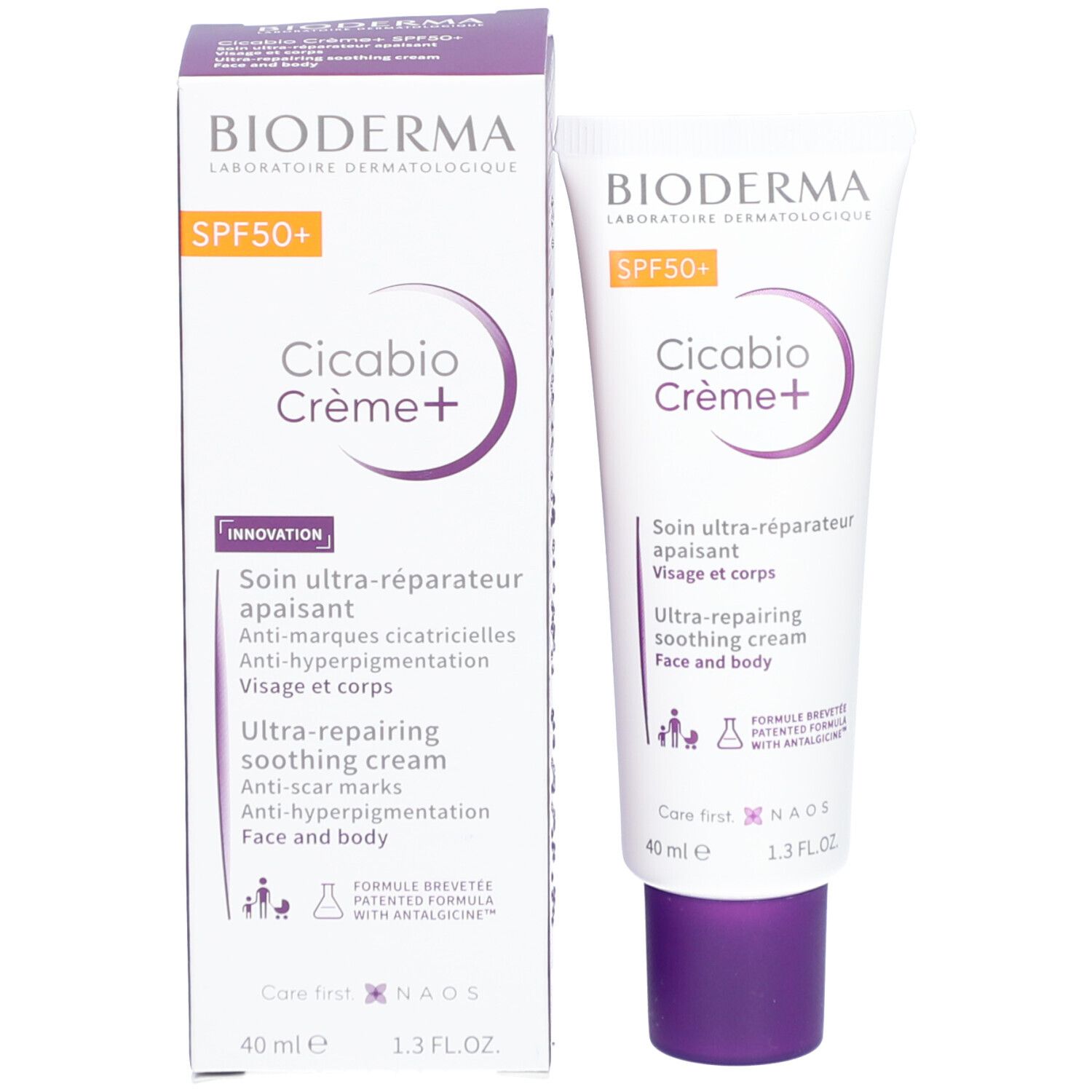 Produktverpackung und Tube. Verpackung: Weiß und lila, mit Produktnamen und SPF50+. Tube: identisch mit Bild CH01133080-p10.