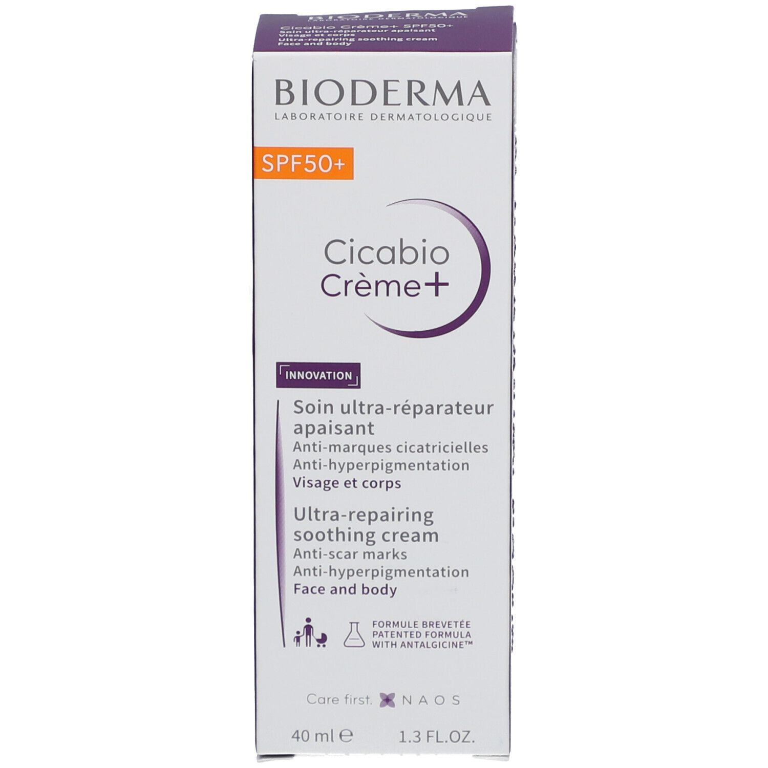 Produktverpackung. Weiß und lila. Aufschrift: Bioderma, Cicabio Crème+ SPF50+. Text: Ultra-reparierende Pflege, Anti-Narben, Anti-Hyperpigmentierung.
