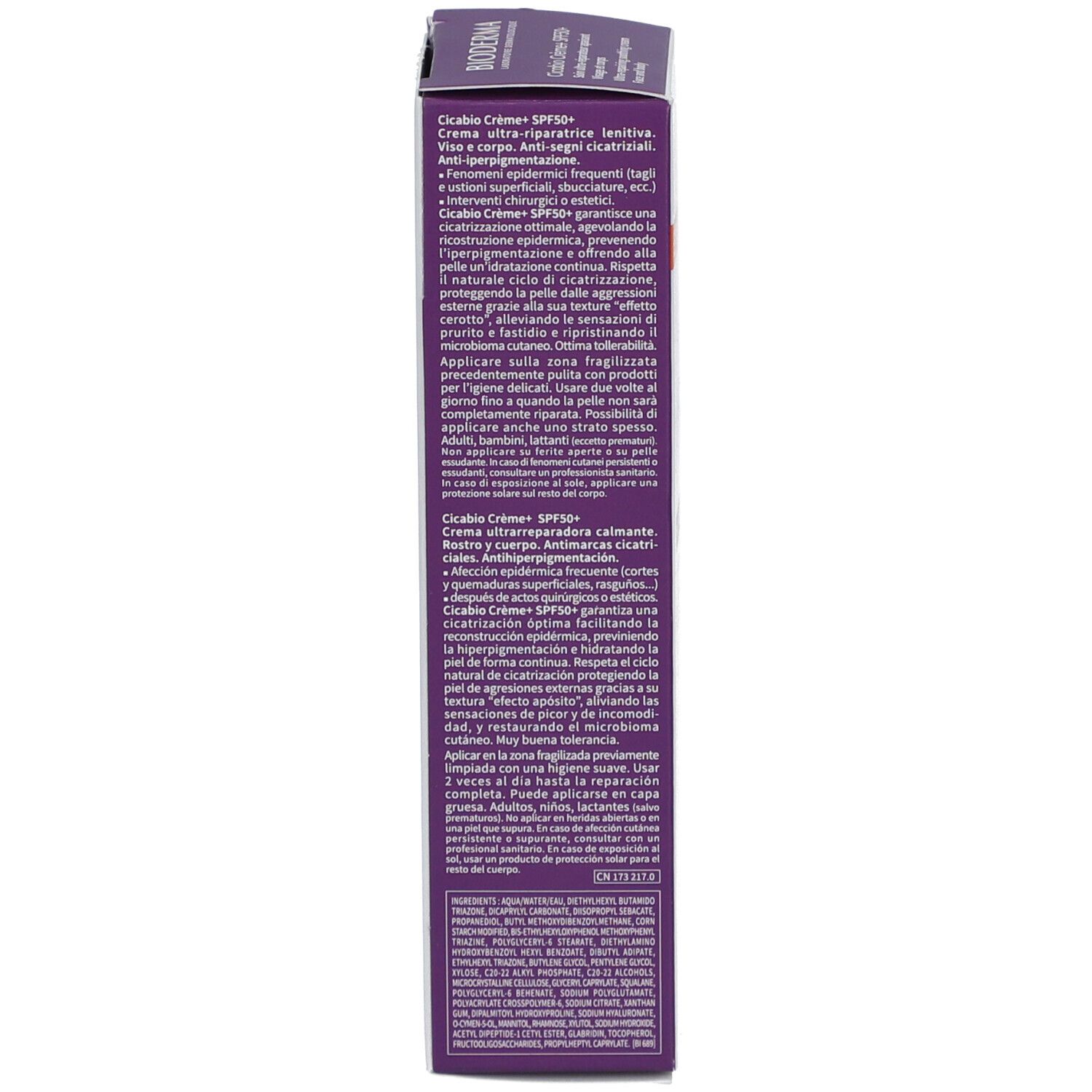 Produktverpackung, Seitenansicht. Text in mehreren Sprachen. Informationen zu Inhaltsstoffen, Anwendung und Eigenschaften.