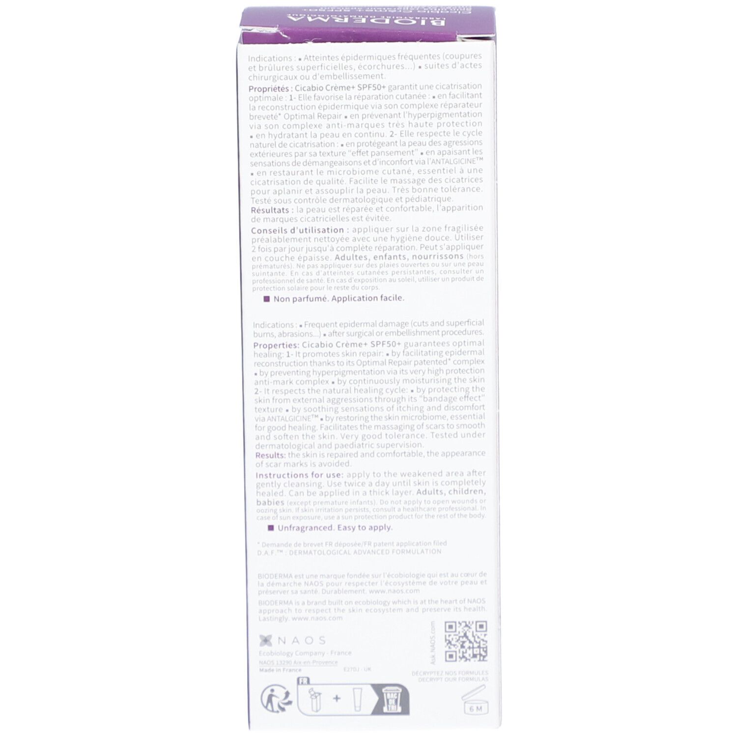 Produktverpackung, Seitenansicht. Text in mehreren Sprachen. Informationen zu Inhaltsstoffen, Anwendung und Eigenschaften.