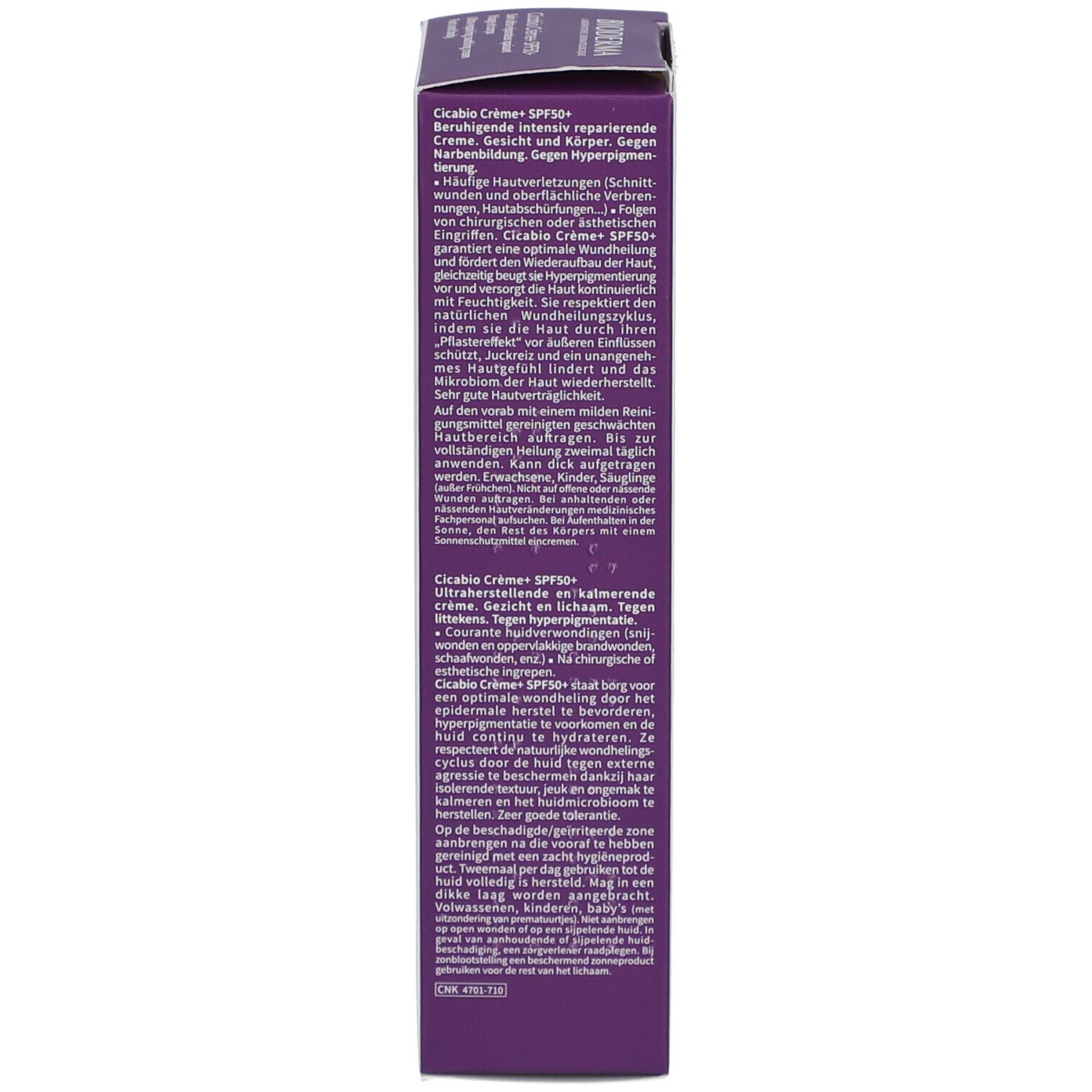 Produktverpackung, Seitenansicht. Text in mehreren Sprachen. Informationen zu Inhaltsstoffen, Anwendung und Eigenschaften.