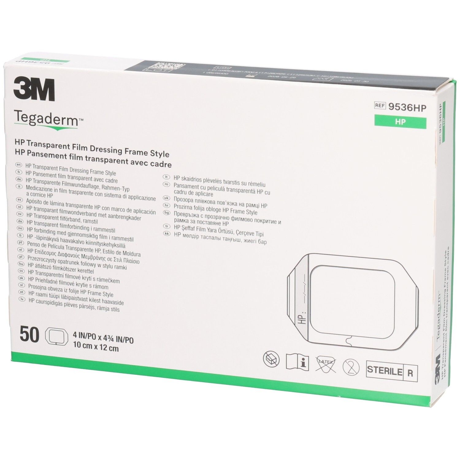 Verpackung von 3M Tegaderm HP Wundverband. Enthält 50 Stück. Größe: 10x12cm. Sterile Verpackung mit Produktinformationen.