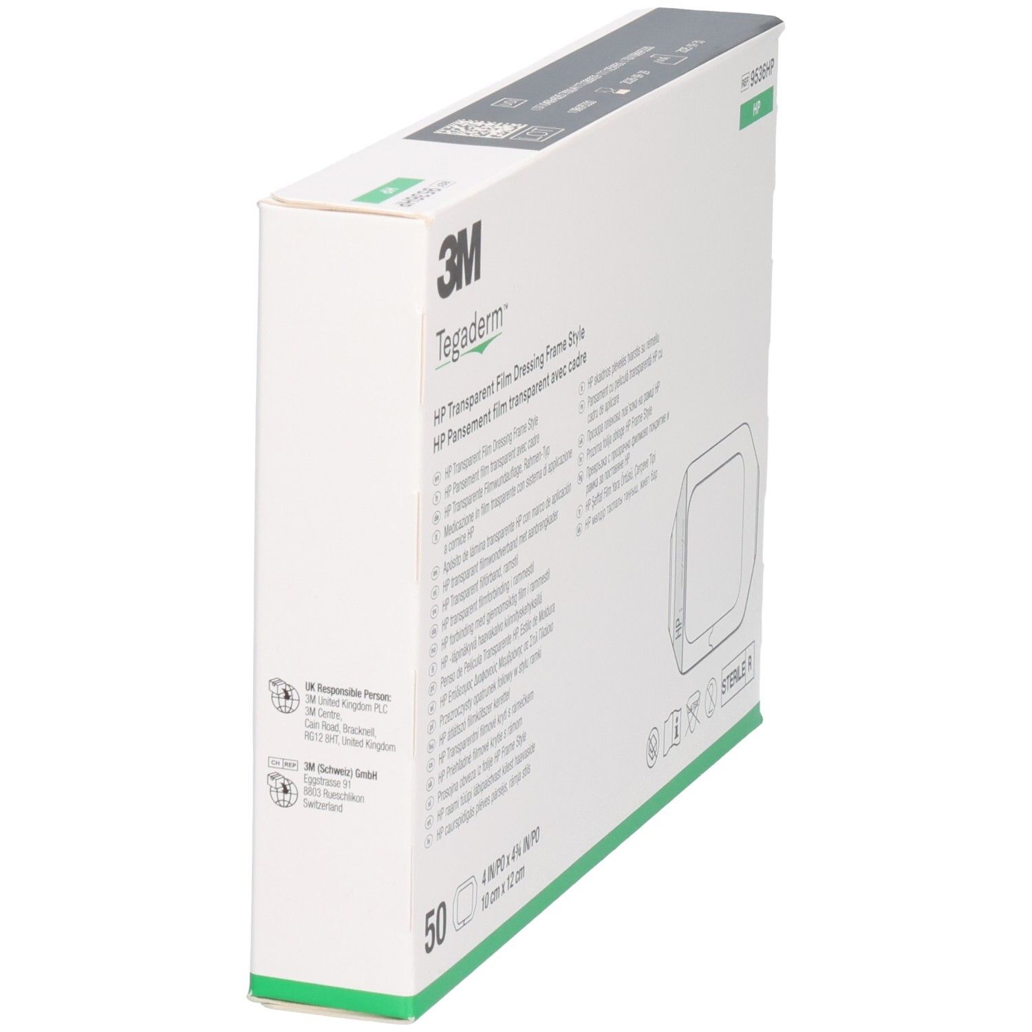 Schrägansicht der 3M Tegaderm HP Verpackung. Produktinformationen und sterile Kennzeichnung sind sichtbar.