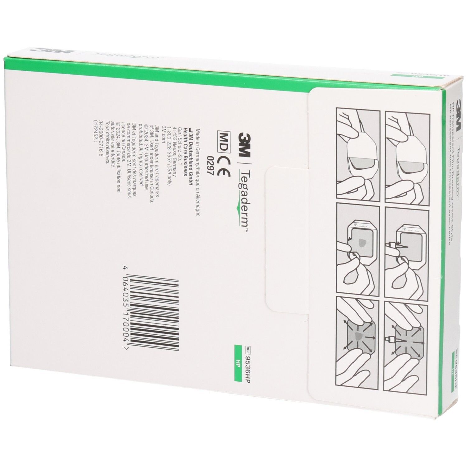 Rückseite der 3M Tegaderm HP Verpackung. Abbildungen zur Anwendung und Produktinformationen.