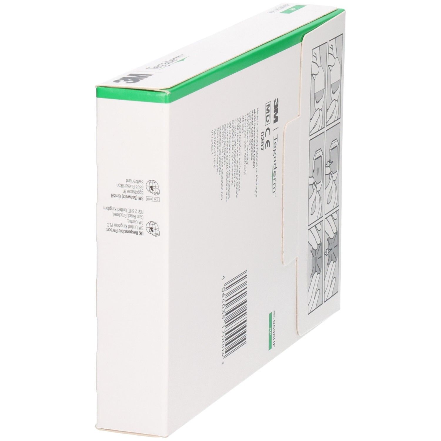 Schrägansicht der 3M Tegaderm HP Verpackung. Produktinformationen und sterile Kennzeichnung sind sichtbar.