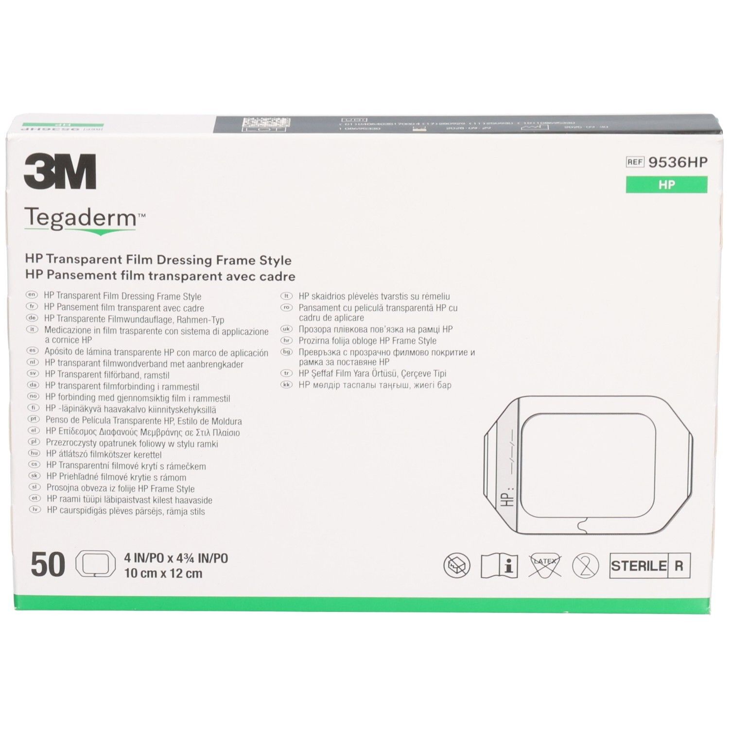 3M Tegaderm HP Verpackung. Enthält 50 Stück. Größe: 10x12cm. Sterile Verpackung mit Produktinformationen.