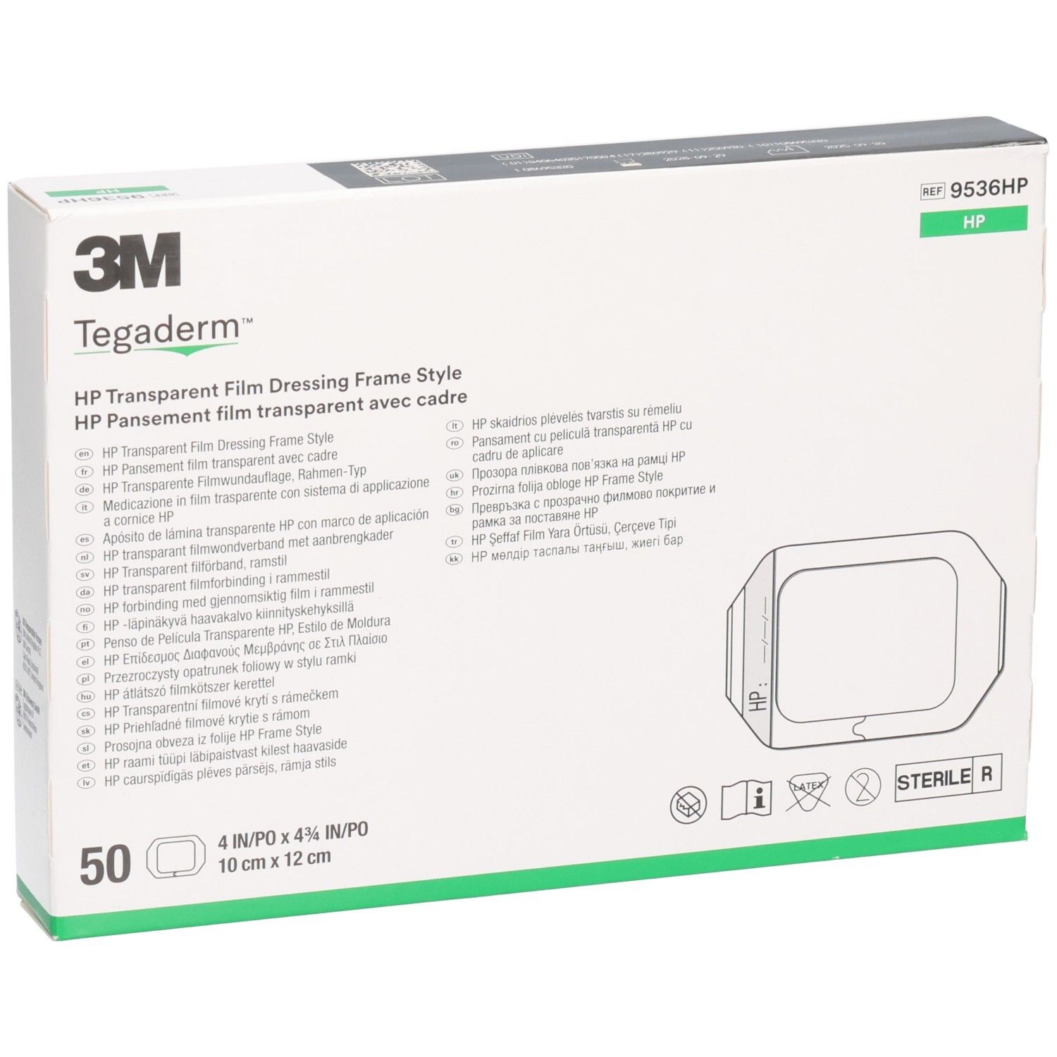 3M Tegaderm HP Verpackung. Enthält 50 Stück. Größe: 10x12cm. Sterile Verpackung mit Produktinformationen.