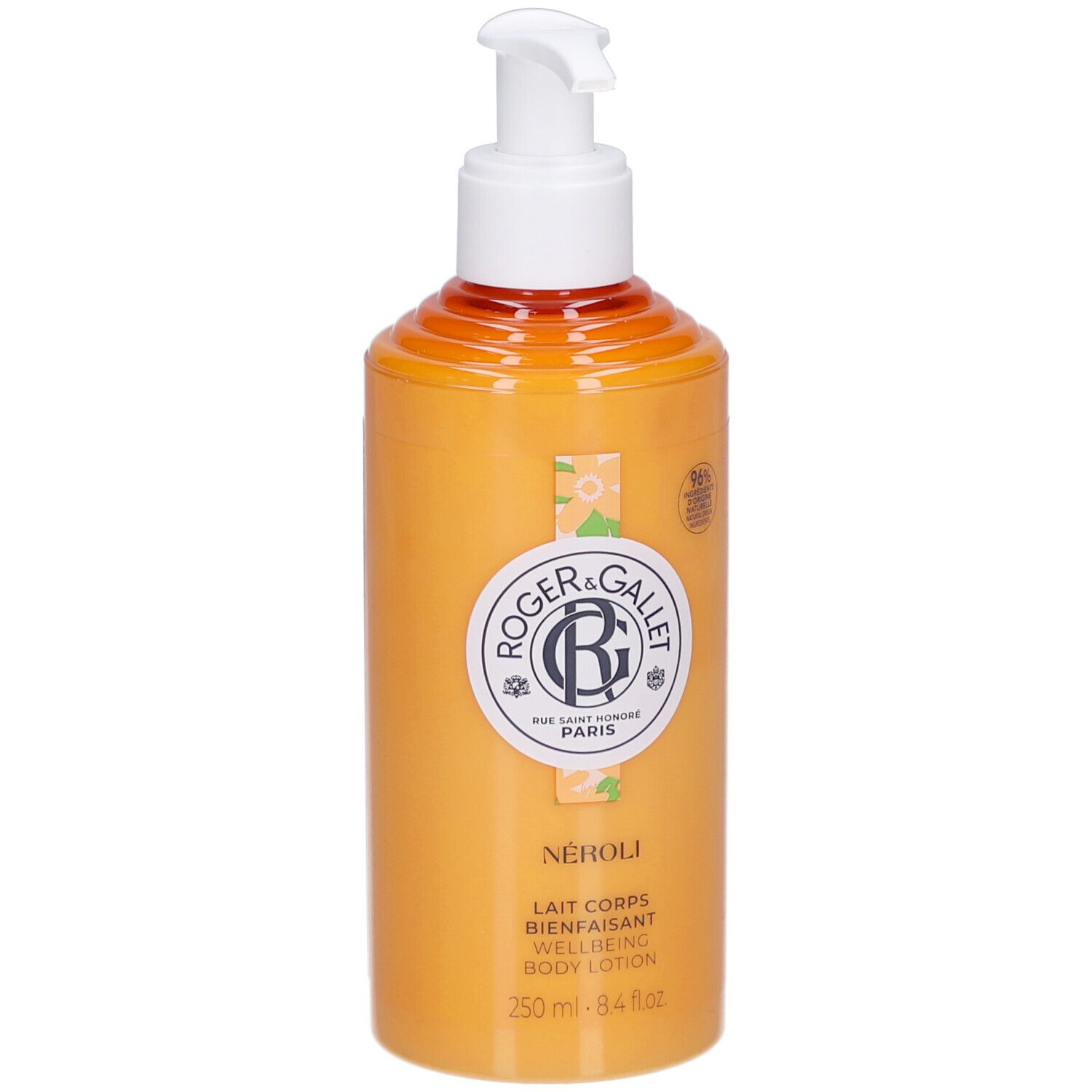 Orangefarbene Flasche mit weißem Pumpkopf. Aufschrift: ROGER & GALLET, NÉROLI, Lait Corps Bienfaisant, Wellbeing Body Lotion.
