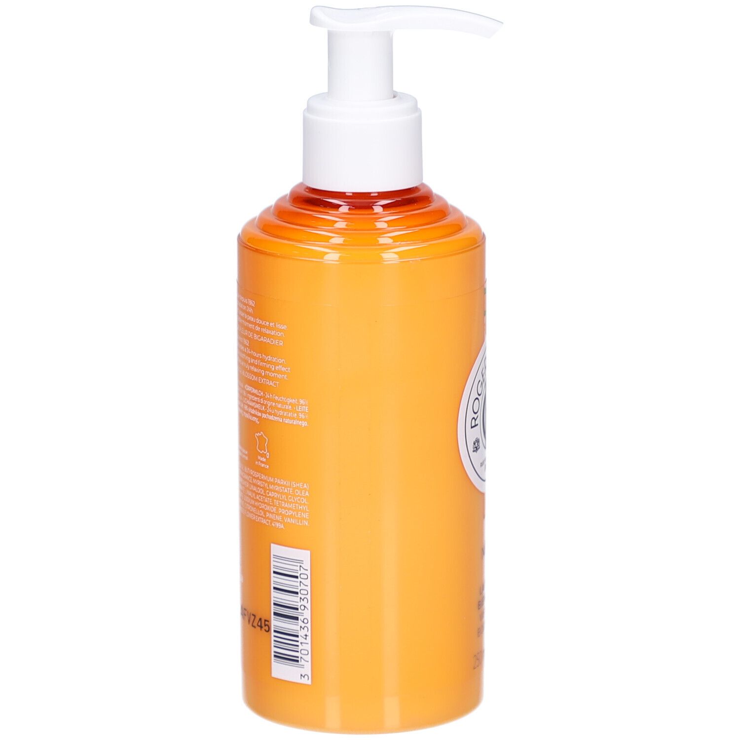 Rückseite einer orangefarbenen Flasche mit weißem Pumpkopf. Text und Barcode auf dem Etikett.