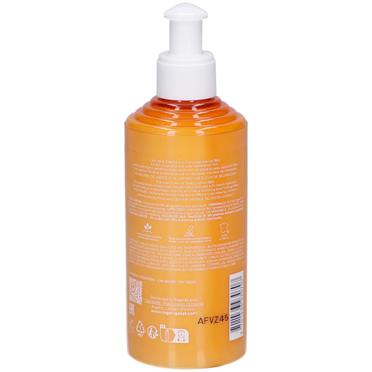 Rückseite einer orangefarbenen Flasche mit weißem Pumpkopf. Etikett mit Text, QR-Code und Logos.