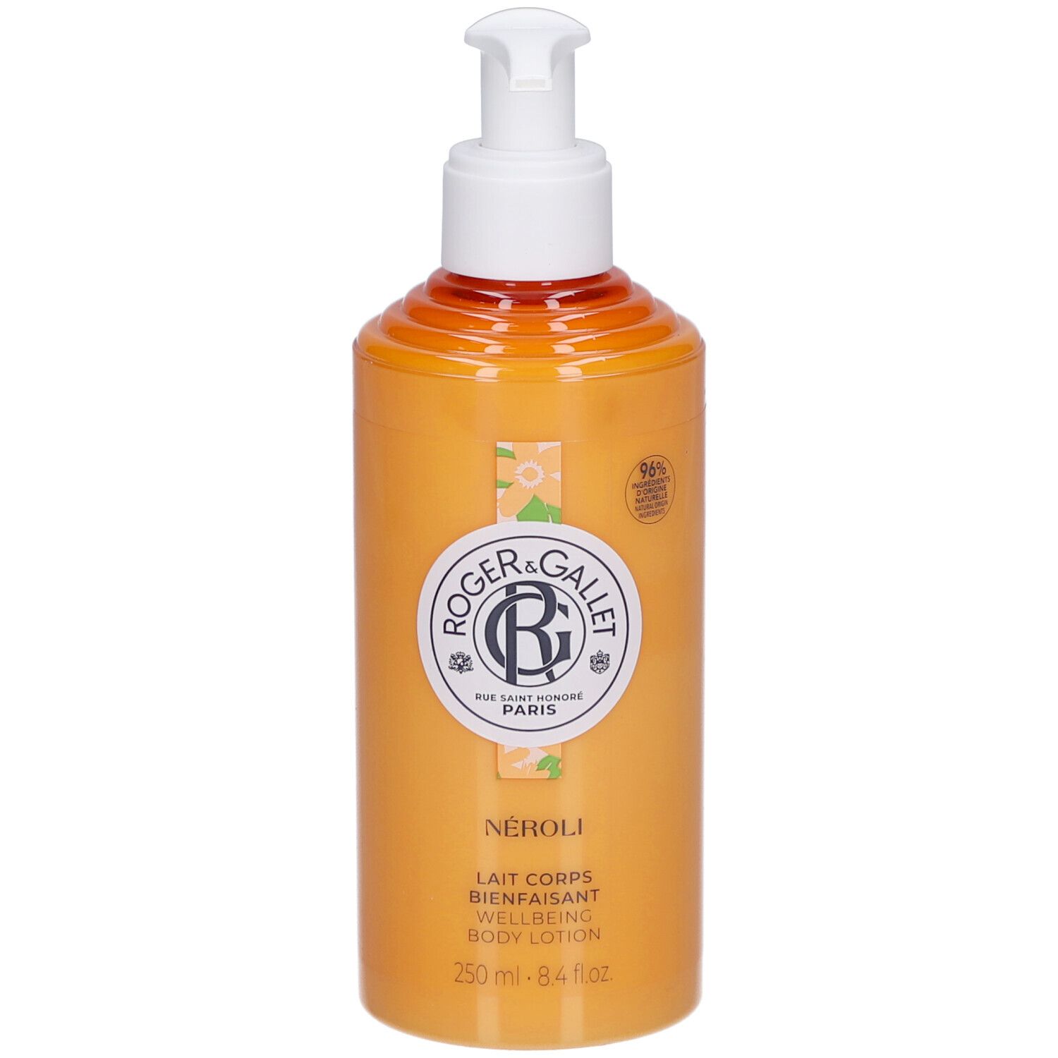 Orangefarbene Flasche mit weißem Pumpkopf. Aufschrift: ROGER & GALLET, NÉROLI, Lait Corps Bienfaisant, Wellbeing Body Lotion.