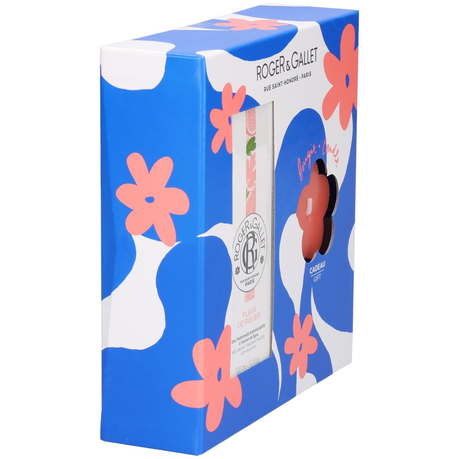 Seitenansicht der Geschenkbox. Blaue Box mit Blumenmuster. Enthält eine Flasche und eine Kerze. Marke Roger & Gallet.
