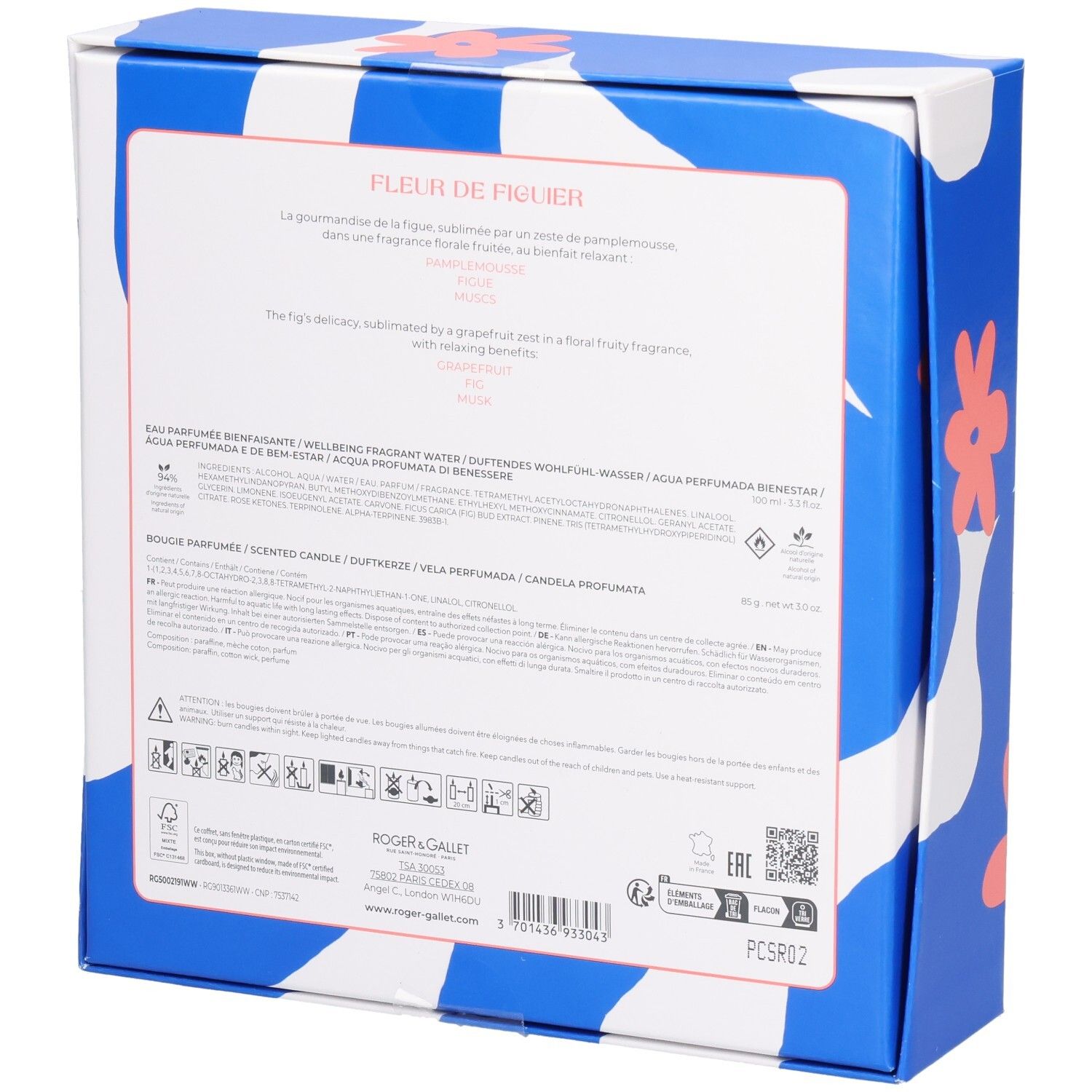 Rückseite der Geschenkbox. Text in mehreren Sprachen. Marke Roger & Gallet. Enthält Informationen zum Produkt.