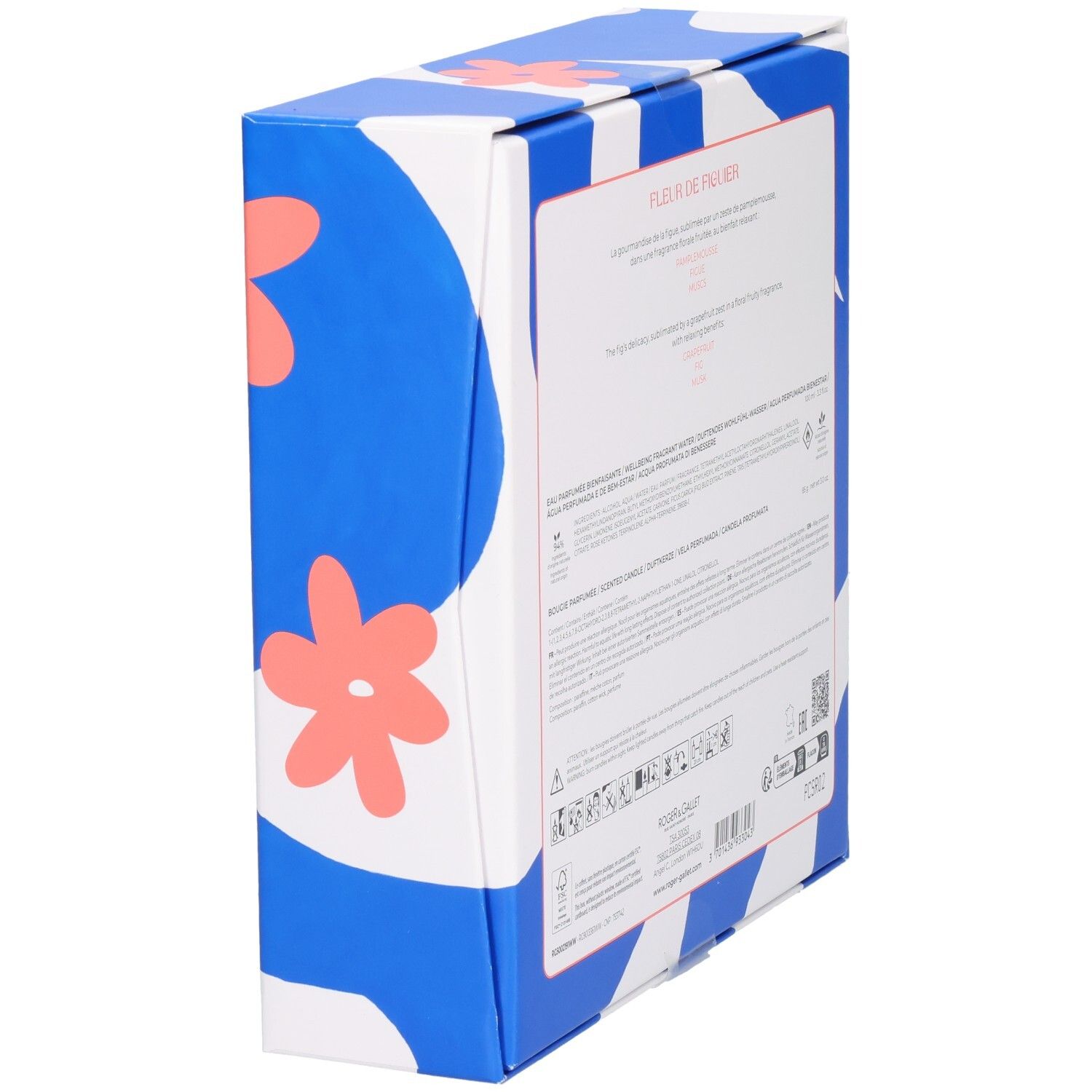 Seitenansicht der Geschenkbox. Weiße und blaue Streifen. Text auf der Box. Marke Roger & Gallet.