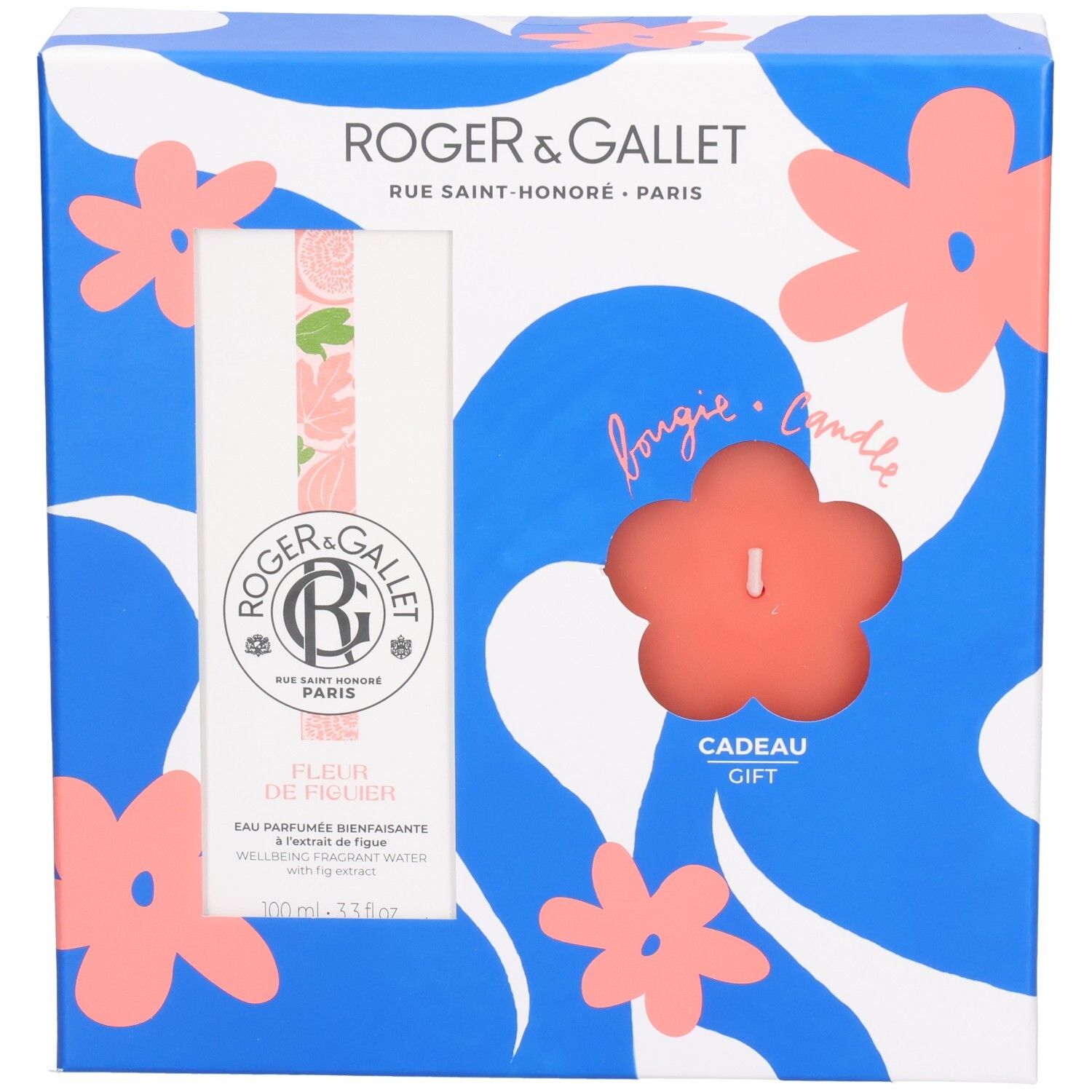 Geschenkbox mit Eau Parfumée und Kerze. Blaue Box mit Blumenmuster. Enthält eine Flasche und eine blütenförmige Kerze.