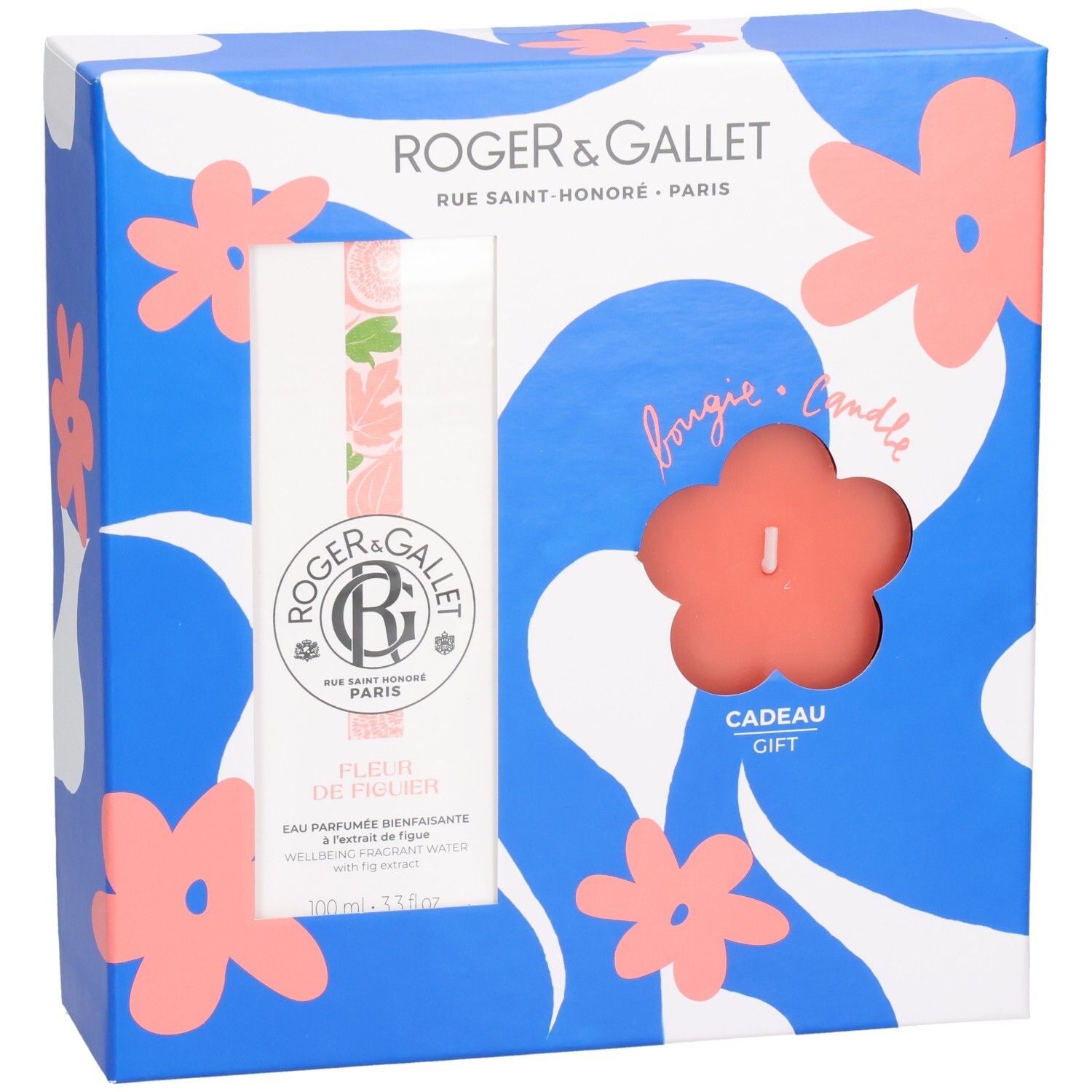 Geschenkbox mit Eau Parfumée und Kerze. Blaue Box mit Blumenmuster. Enthält eine Flasche und eine blütenförmige Kerze.