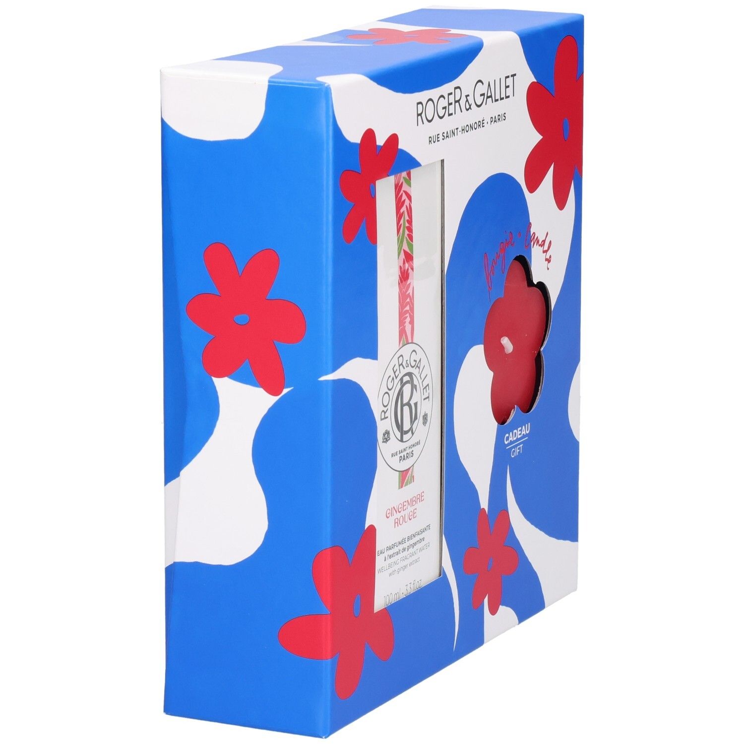 Geschenkset, Seitenansicht. Blaue Schachtel mit Blumenmuster. Sichtbar: Parfümflasche, rote Blume-Kerze. Marke: Roger & Gallet.