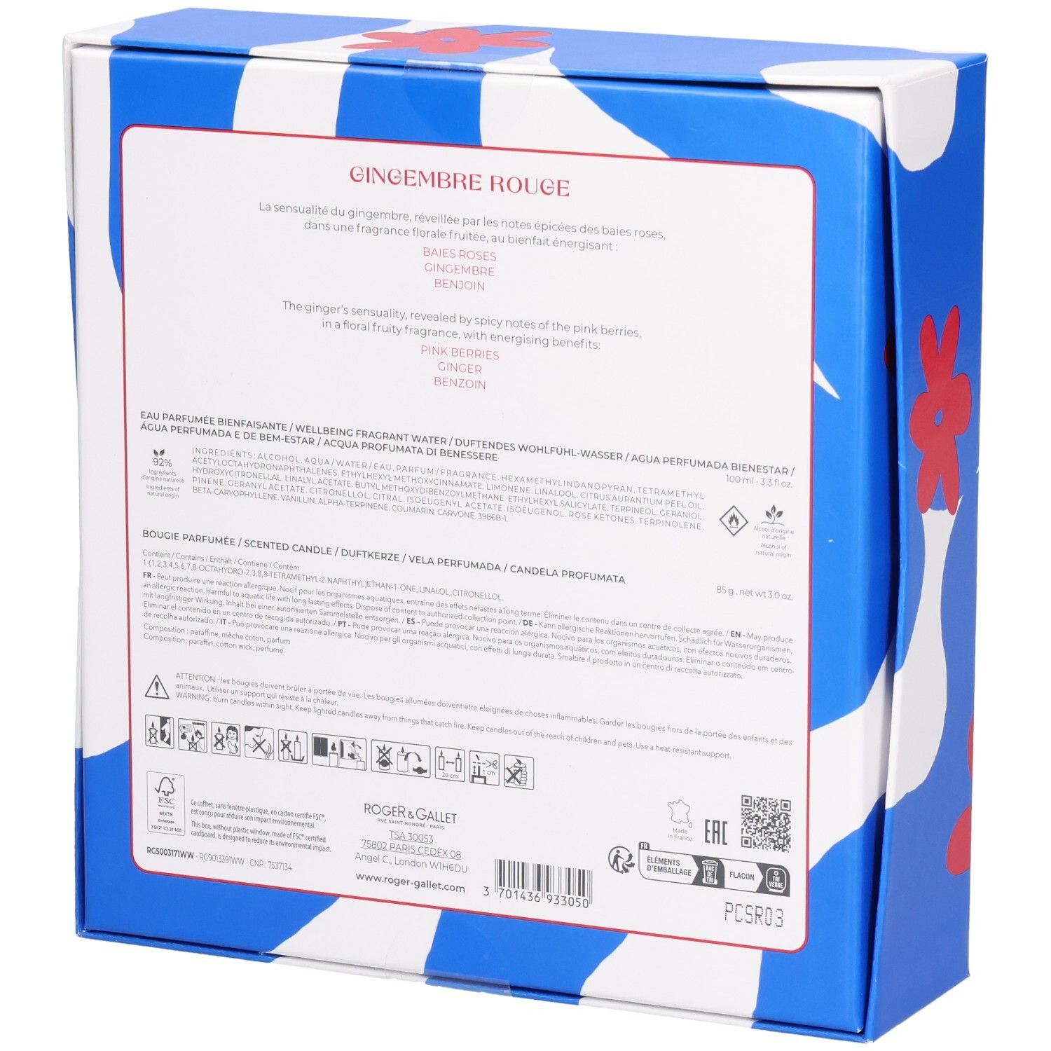 Rückseite der Geschenkbox. Blaue Schachtel mit Text. Enthält Informationen zu Inhaltsstoffen und Marke Roger & Gallet.