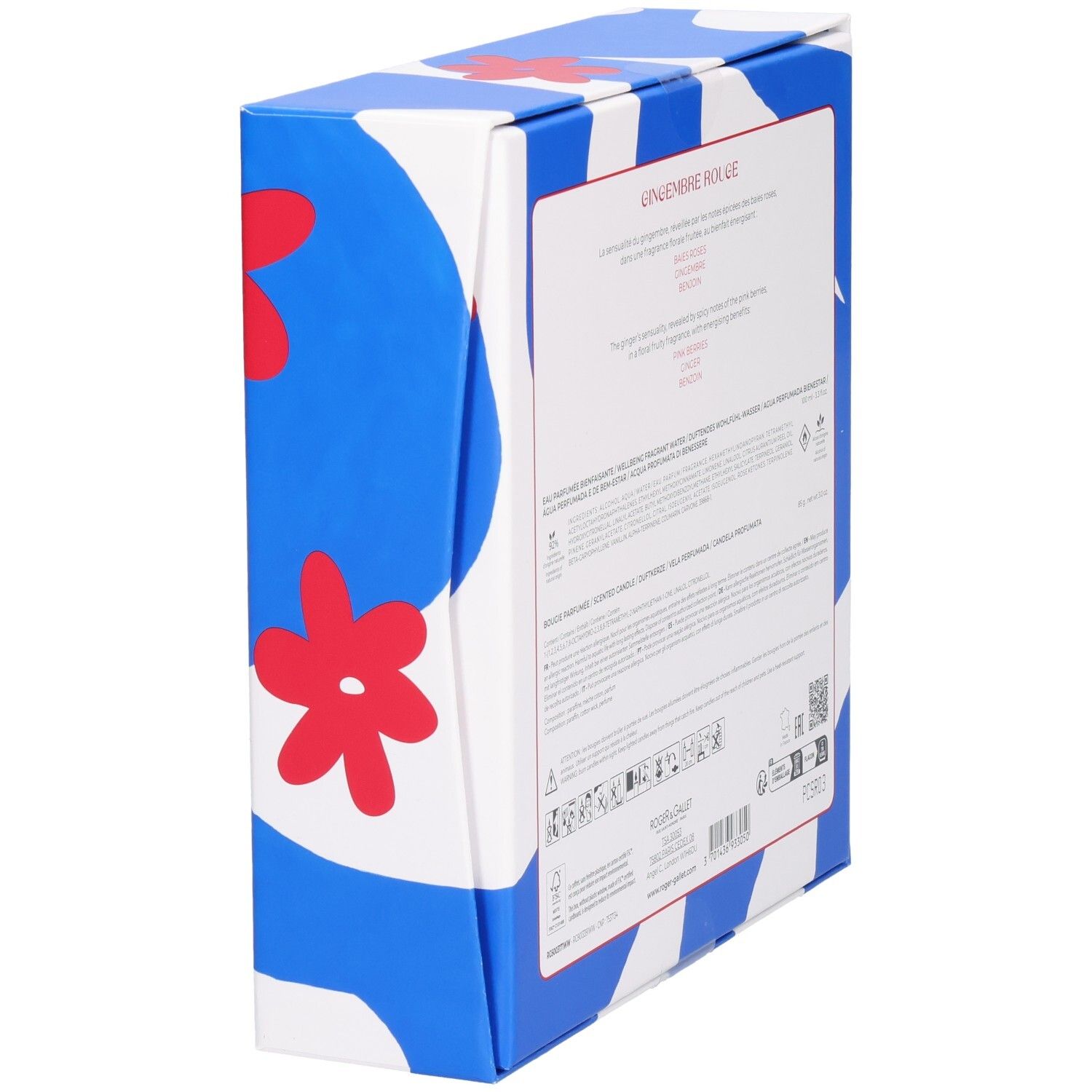 Seitenansicht der Geschenkbox. Blaue Schachtel mit Text. Enthält Informationen zu Inhaltsstoffen und Marke Roger & Gallet.