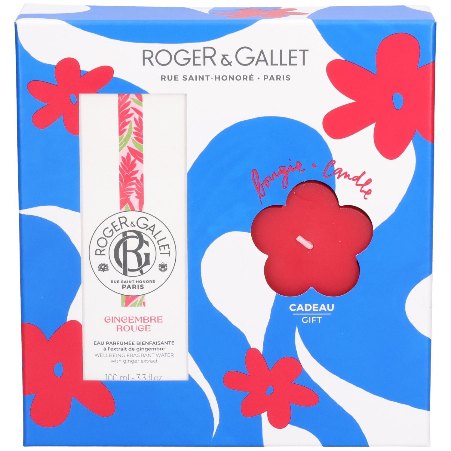 Geschenkset mit Parfümwasser und Kerze. Blaue Schachtel mit Blumenmuster. Sichtbar: Parfümflasche, rote Blume-Kerze. Marke: Roger & Gallet.